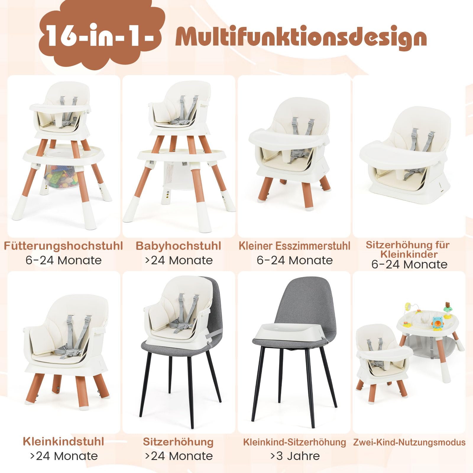 COSTWAY Hochstuhl Baby 16 in 1, Kinderhochstuhl & Spielzeugtisch & Bausteinbrett & Kinderstuhl & Sitzerhöhung mit abnehmbarem Tablett, 5-Punkt-Gurt & Korb, Babystuhl für Kinder ab 6 Monate (Weiß)