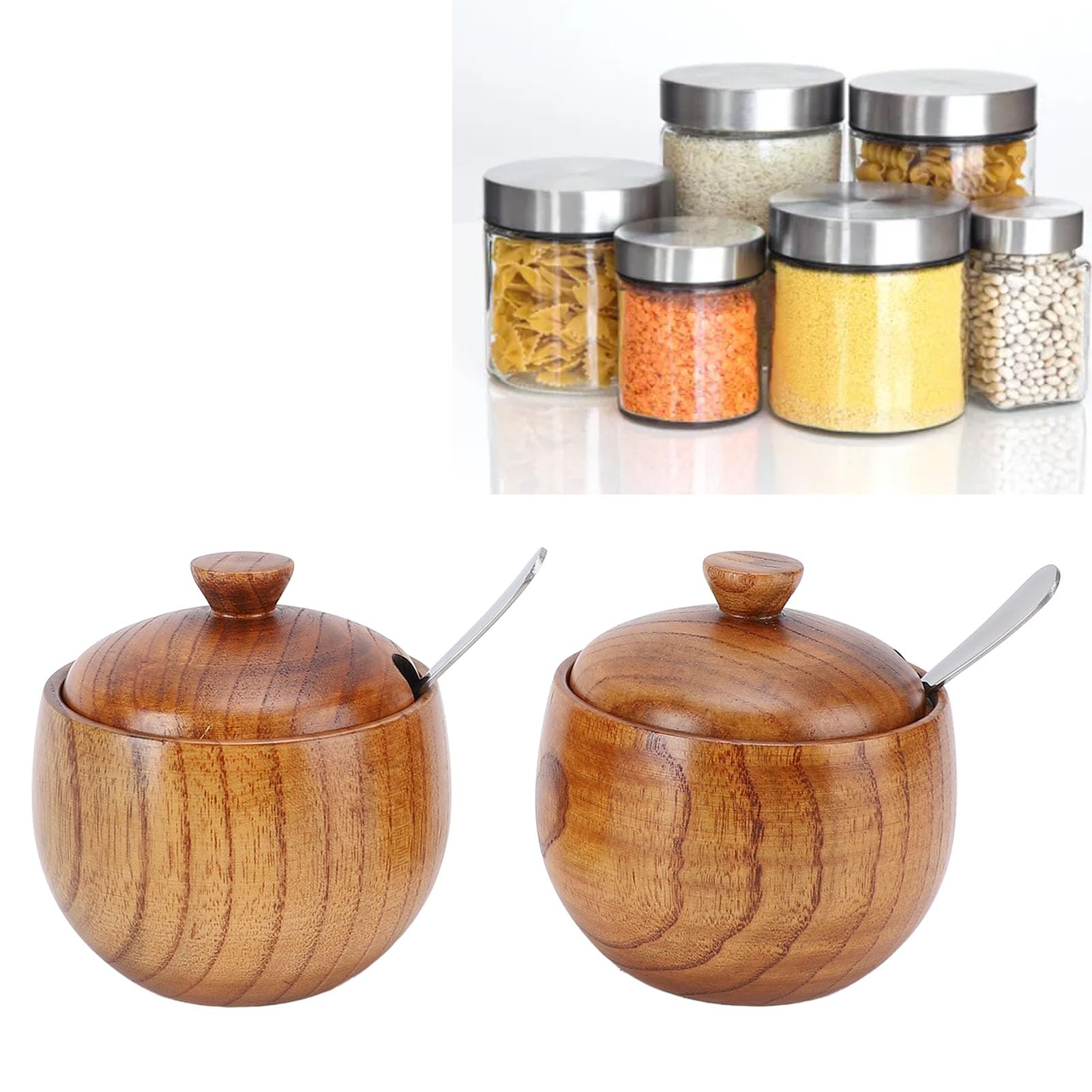 Nikou Frasco multifuncional de Wood Salt Bowl con cuchara de tapa para azúcar y especias 2 piezas