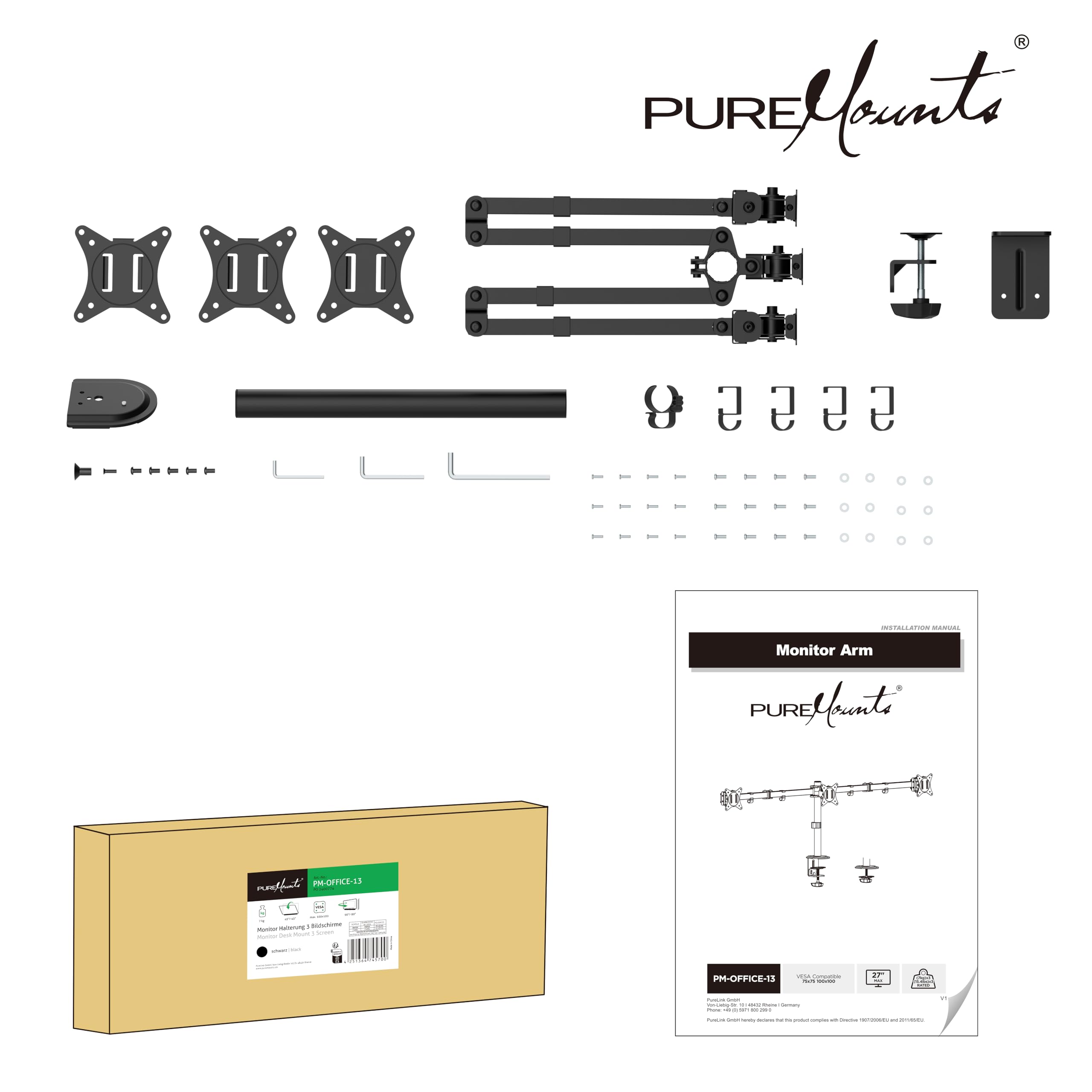 PureMounts supporto per monitor, supporto per monitor per 3 schermi, da 17 a 27 pollici, regolabile in altezza, inclinabile, girevole, VESA 75 e 100, supporto da scrivania, supporto per schermi, nero