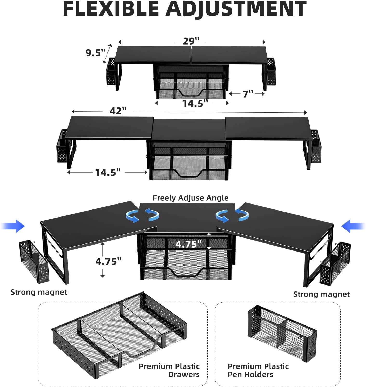Simple Trending Desk Organizers and Accessories, Dual Monitor Stand Riser with Drawer and 2 Pen Holder, Shelf for Top of Desk, Black