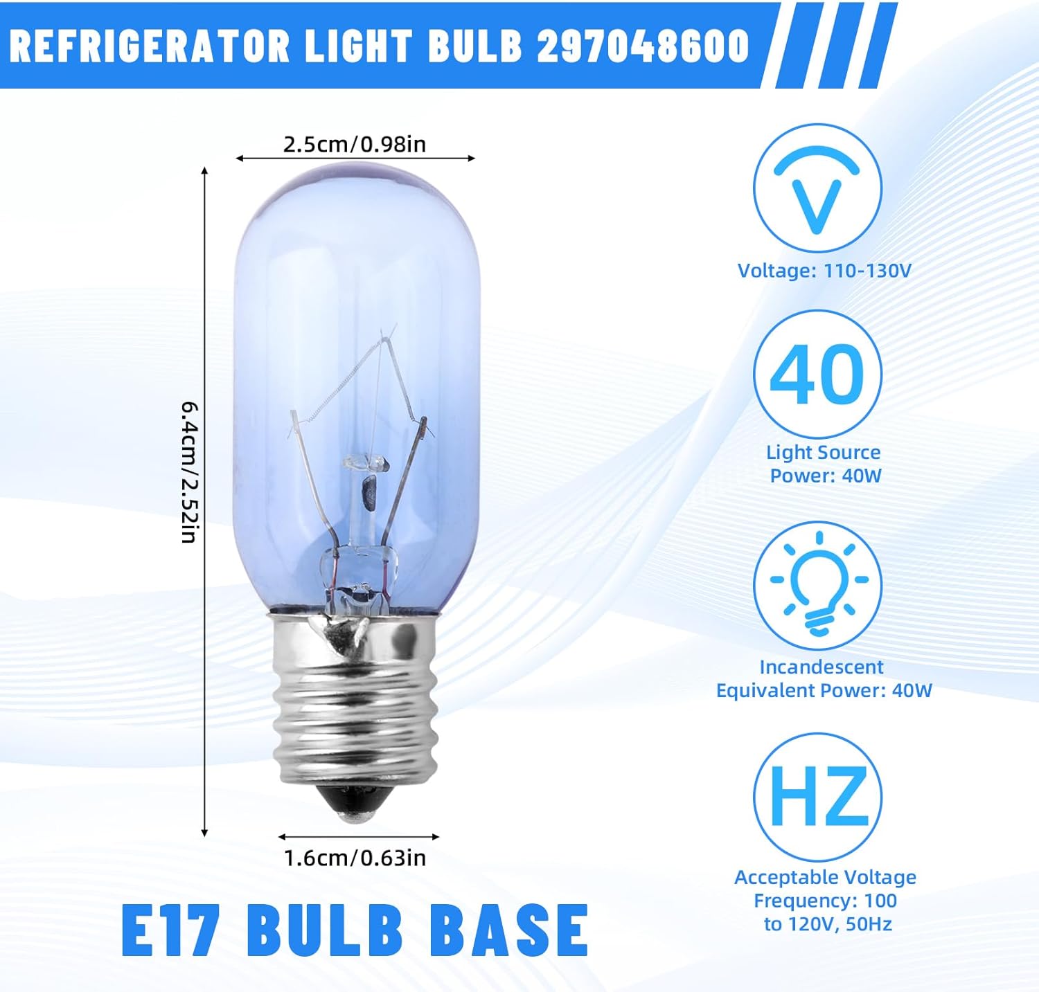 2pcs Refrigerator Light Bulb, 40W 110-130V Fridge Freezer Appliance Light Bulb T8 E17 Replacement Part Compatible with Frigidaire Electrolux