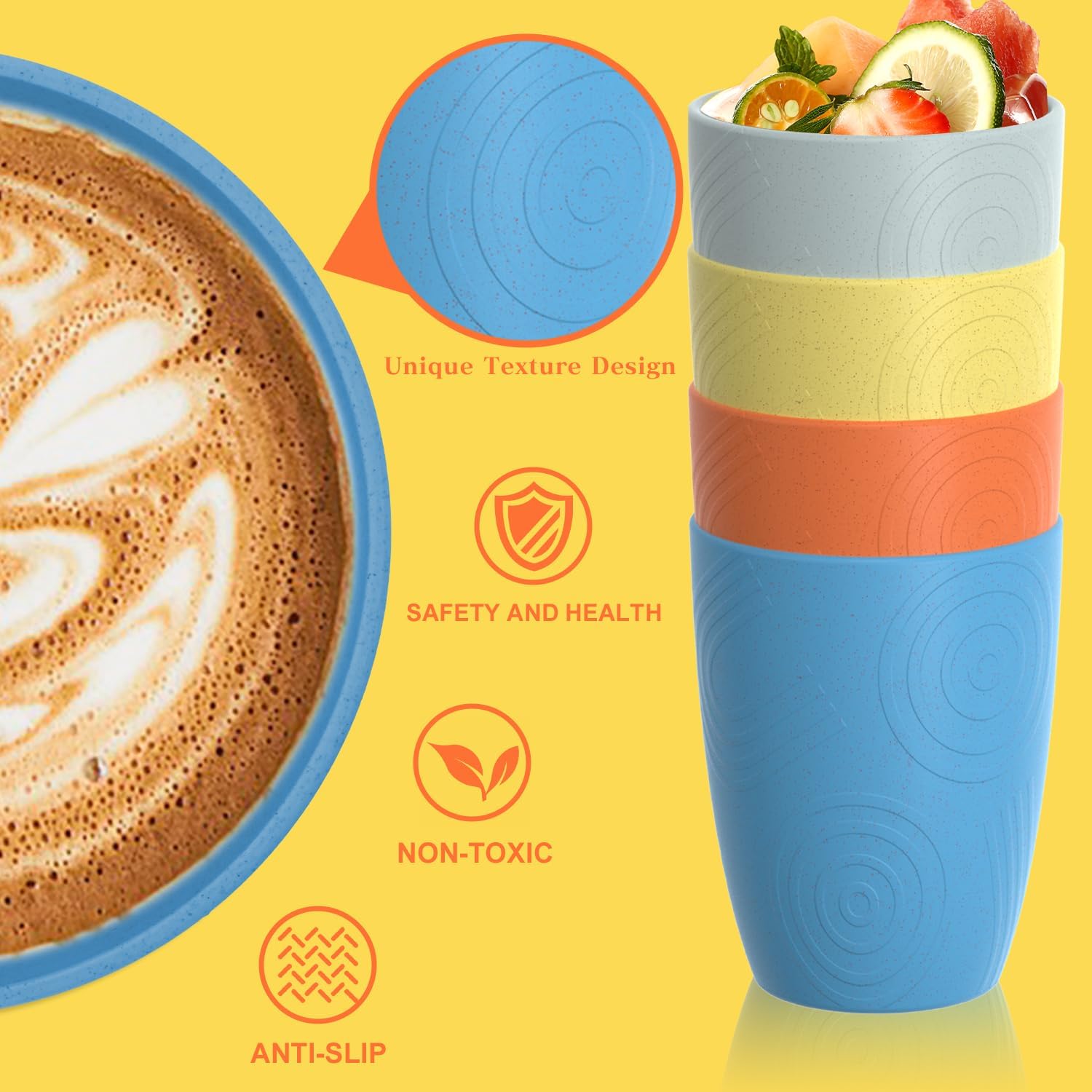 Homienly Drinking Glasses & Shatterproof Cups Set of 4 | Premium Wheat Straw, Non-Toxic Reusable Plastic Cups | Dishwasher & Microwave Safe for Beach, Camping... (12 oz, Beach Color) - Image 3