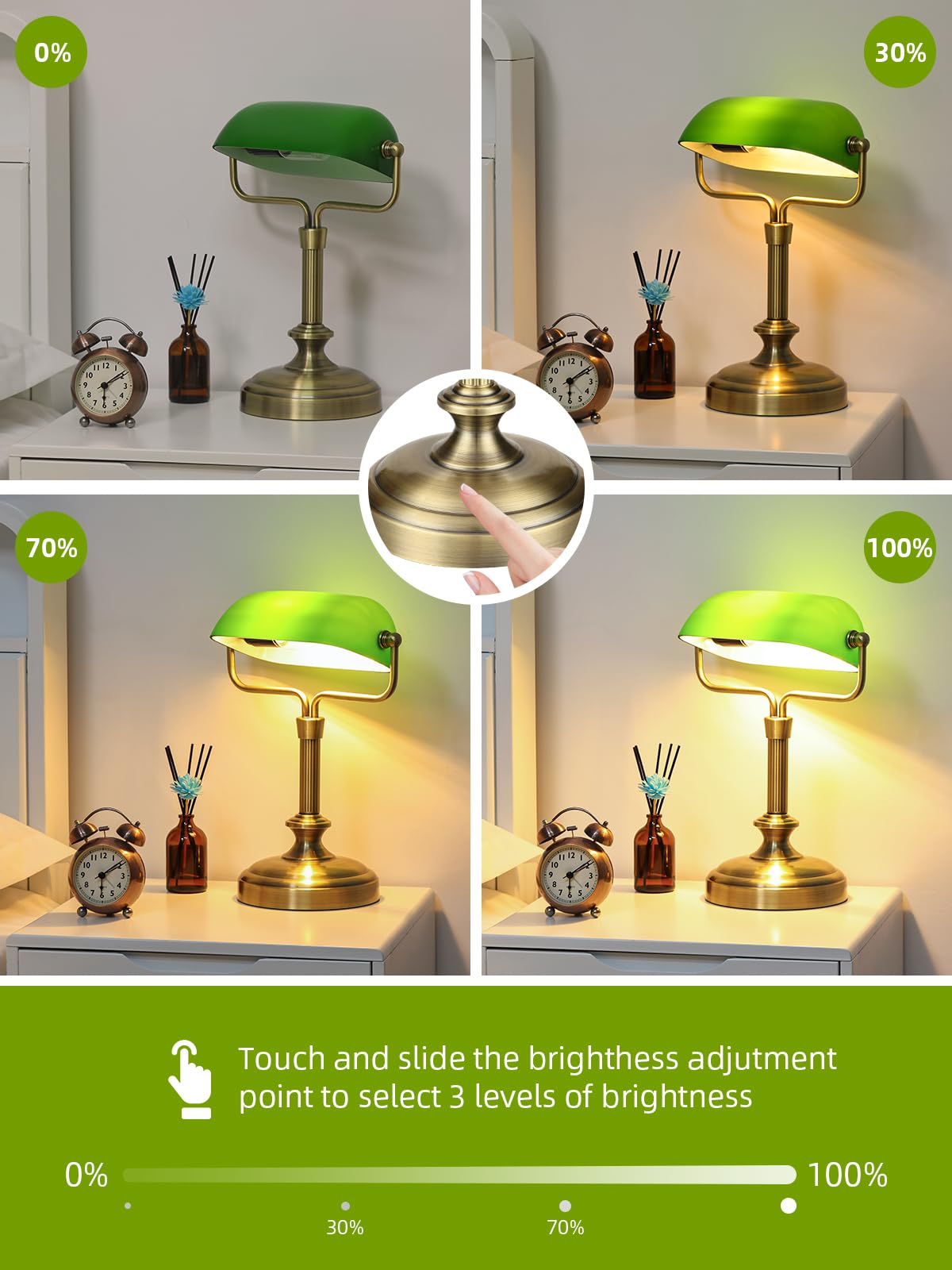 Green Bankers Lampe de bureau, abat-jour en verre réglable, lampe vintage avec interrupteur tactile pour bureau à domicile, lampe piano, ampoule LED 6 W incluse