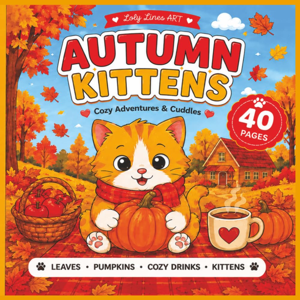 Autumn Kittens Coloring Book: 40 Cute Fall Coloring Pages Featuring Adorable Kittens, Pumpkins, Leaves, Apples, Cozy Sweaters and Autumn Adventures