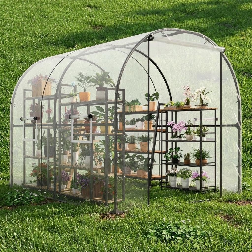Greenhouse, Walk-in Greenhouse Heavy Duty Tunnel Green House with 4 Ventilated Mesh Windows & Zippered Roll-Up Door, Large Plant Garden Hot House Outdoor with Reinforced Frame