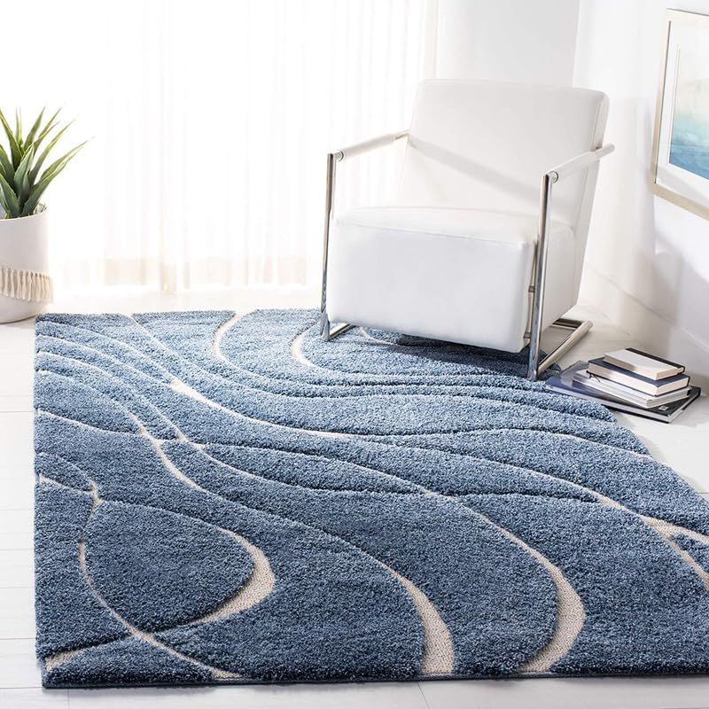 Image of Carpet for Living Room, Bedroom and Hall Handmade Microfiber Cozy Soft and Fluffy Shaggy Area Rug with 2 inch Thick Anti Skid Carpet [2x6 Feet Ivory & Blue]
