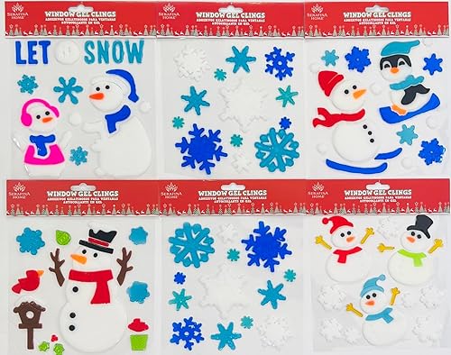 Calcomanías de gel de invierno para ventanas y espejos, 6 hojas de diseños nevados muñecos de nieve, pingüino, copos de nieve y mucho más