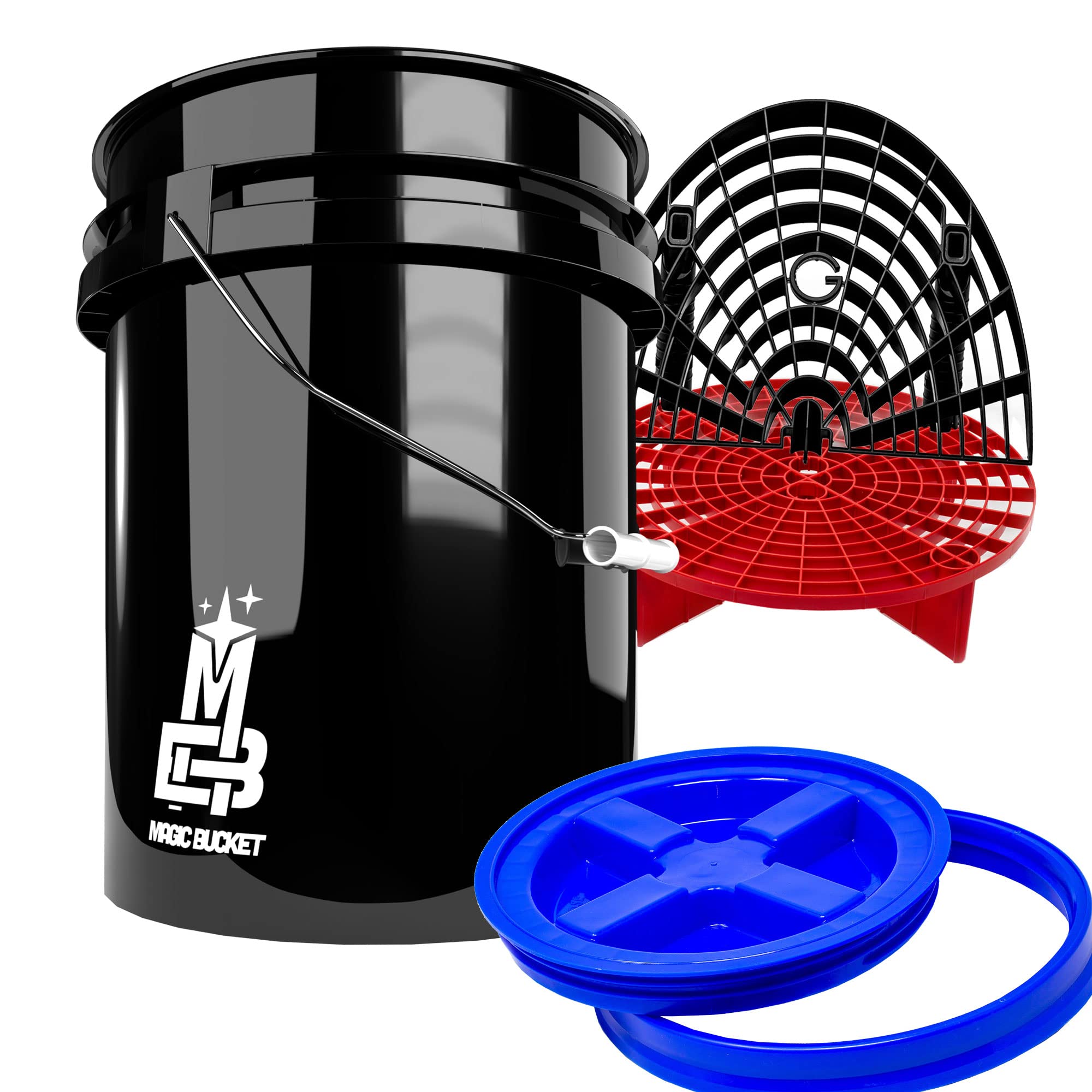 Detailmate professionelles Wasch Eimer Set: Magic Bucket Wascheimer 5 GAL (ca. 20 Liter), Gamma Seal Eimerdeckel blau, GritGuard Schmutz Einsatz rot, GritGuard Washboard schwarz