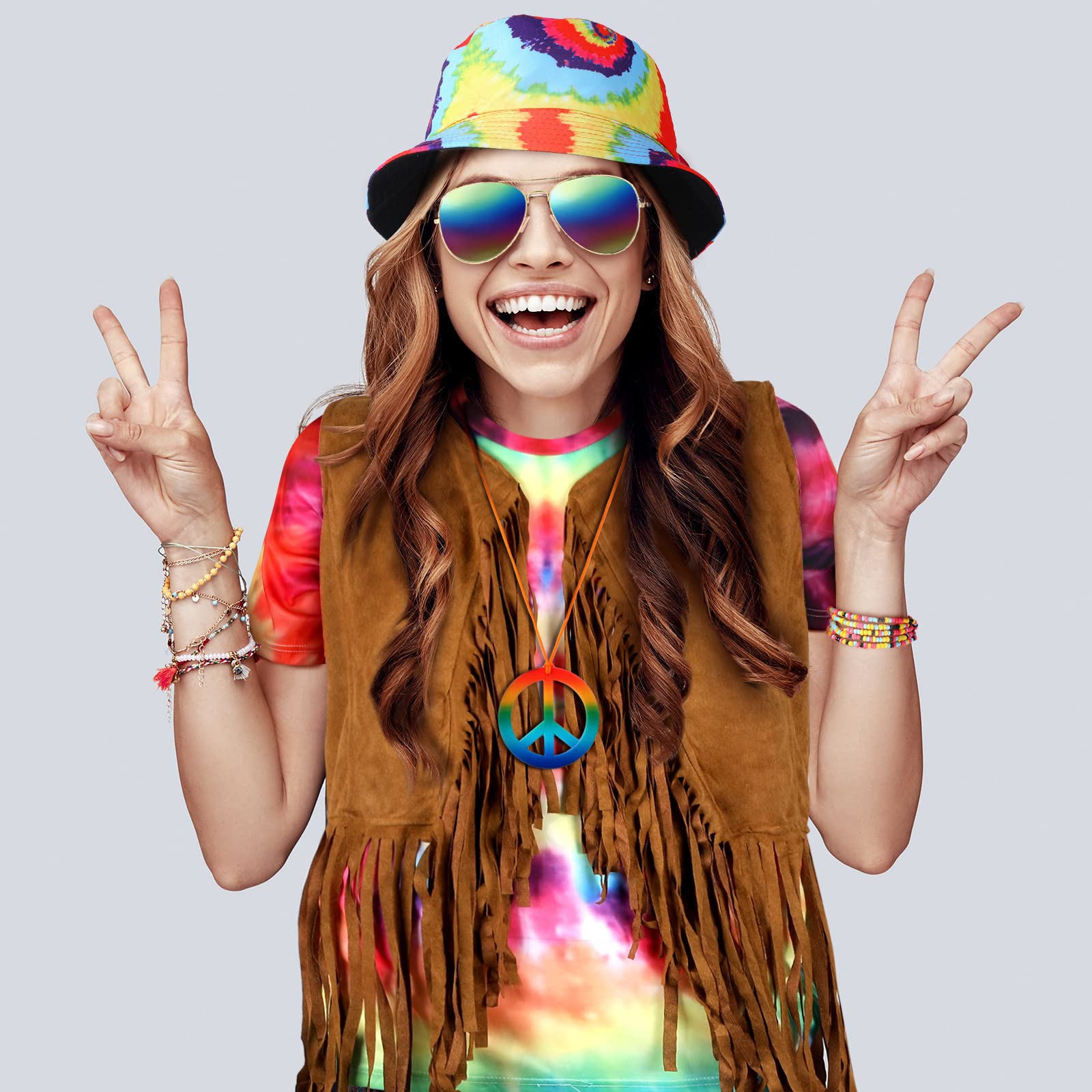 Mepase 6 Pcs 60s 70s Hippie Costume Tie Dye T Shirt Fringed Vest Peace Sign Necklace String Beads Bracelet Hat Sunglasses (X-Large)