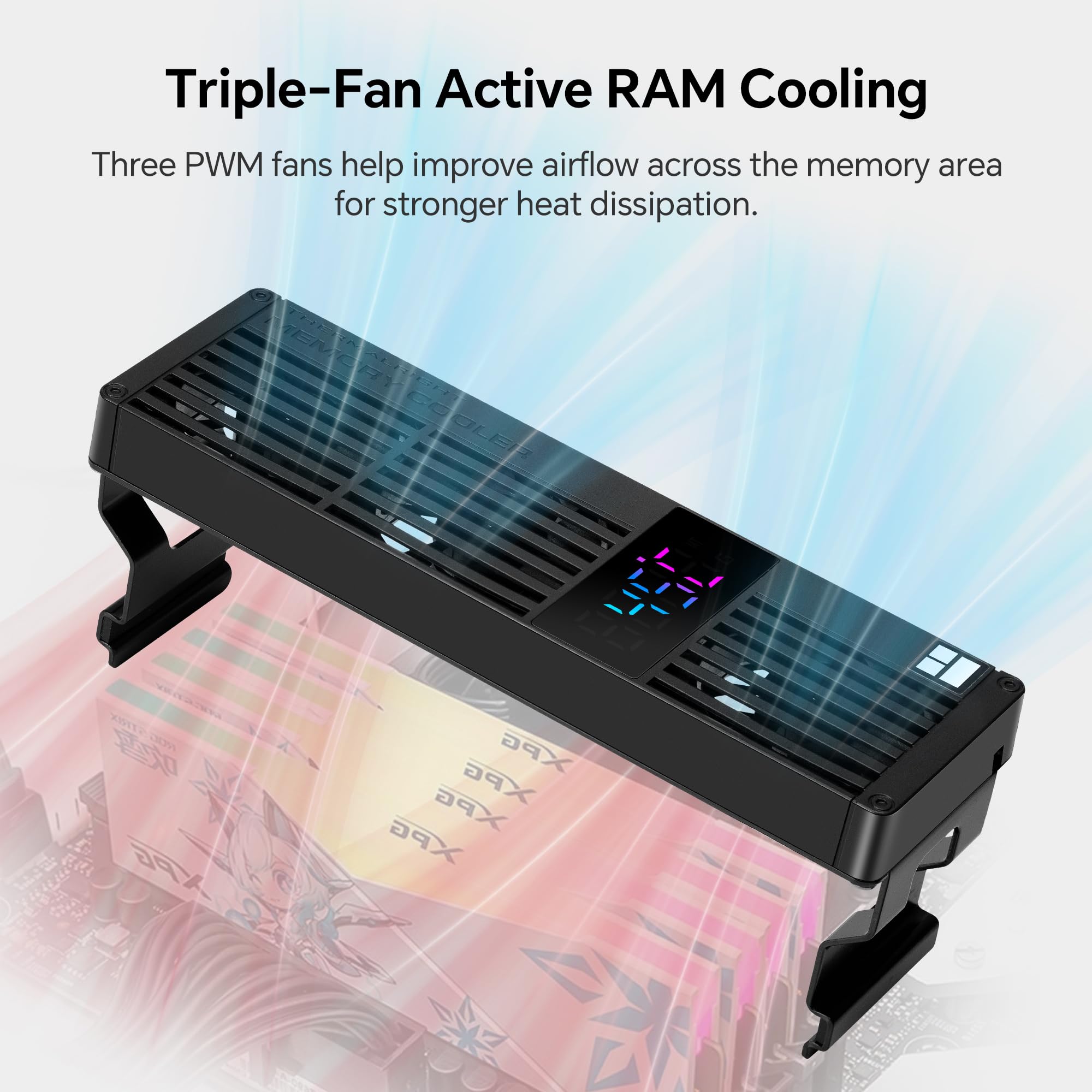 Thermalright MC-3 - Enfriador de memoria RAM digital, ventiladores triples PWM de 40 mm, pantalla ARGB, 4500 RPM, para DDR/DDR2/DDR3/DDR4/DDR5, negro