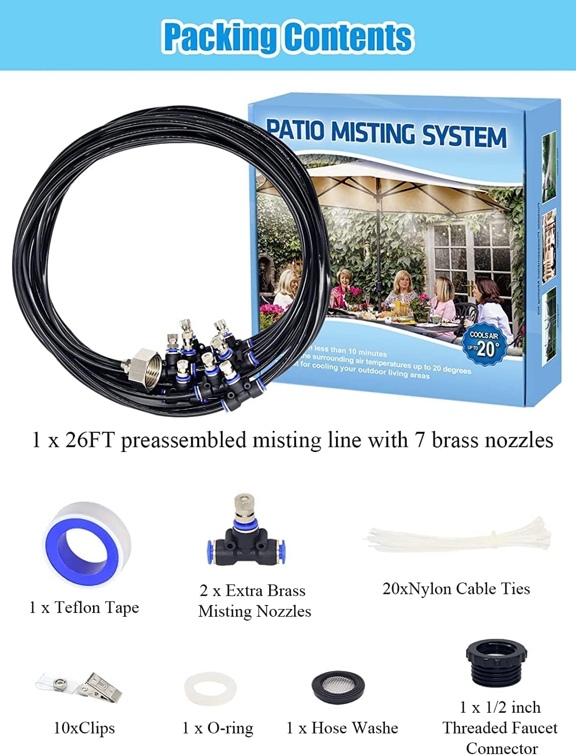 Tesmotor 8M Sprühnebel Kühlung Set, Outdoor Misting System mit 9 Messing Nebeldüsen, Nebelkühlung für Garten Gewächshaus Sonnenschirm