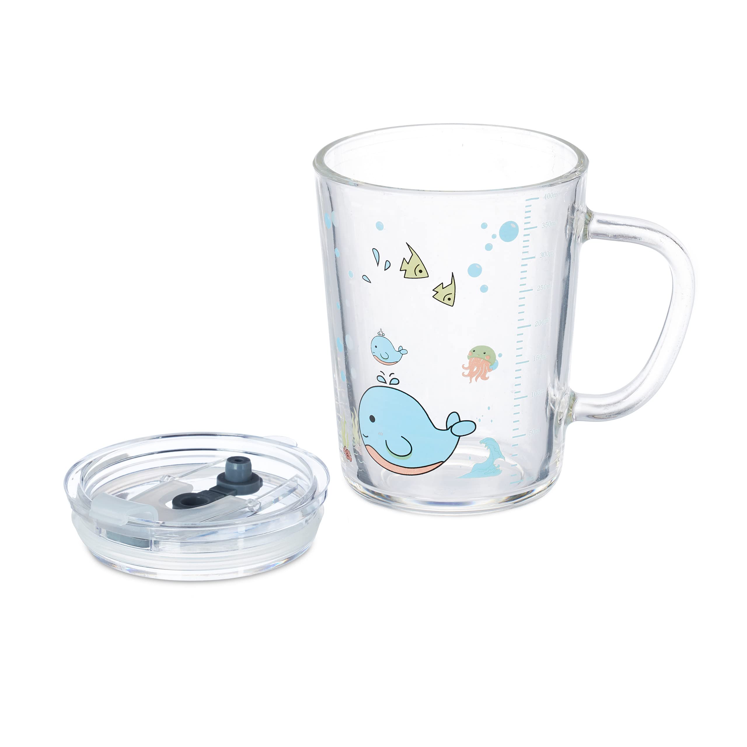 Relaxdays Set da 2 Tazze per Bambini, Vetro, Silicone, ABS, con Cannuccia, Manico e Tappo, 400 ml, Balena, Trasparente