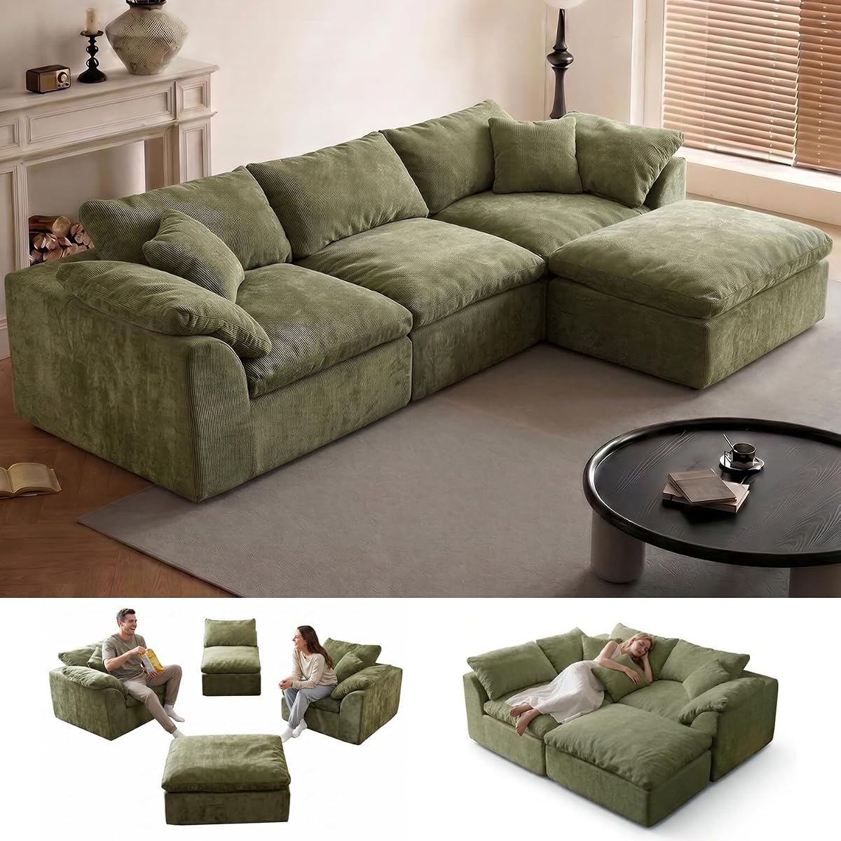 109" Boneless Cloud Couch Sectional for Living Room, Oversized Modular L Shaped Sofa with Ottoman, Deep Seat Chenille Sectional Couch, Convertible Sofa Bed for Ultimate Comfort（Green）