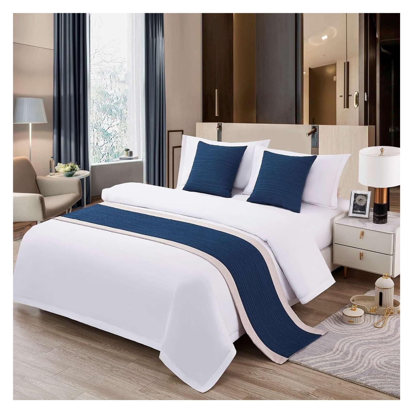 JFGCTYHXY Bed linen throws, Bed Scarf Runners Solid Scarves Cotton Linen Splicing Bedspread Bedding Towl Decor Protection(Cyan,50 * 240cm for 180cm Bed)