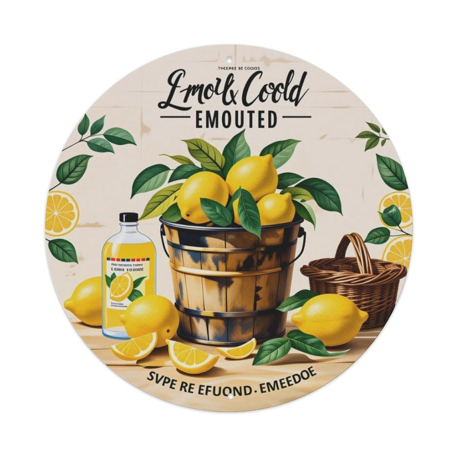 Rustic Farmhouse Lemon Round Sign Vintage Aluminium Metal Sign, Retro Wall Decor for Home, Bar, Garage & Farmhouse 20x20cm
