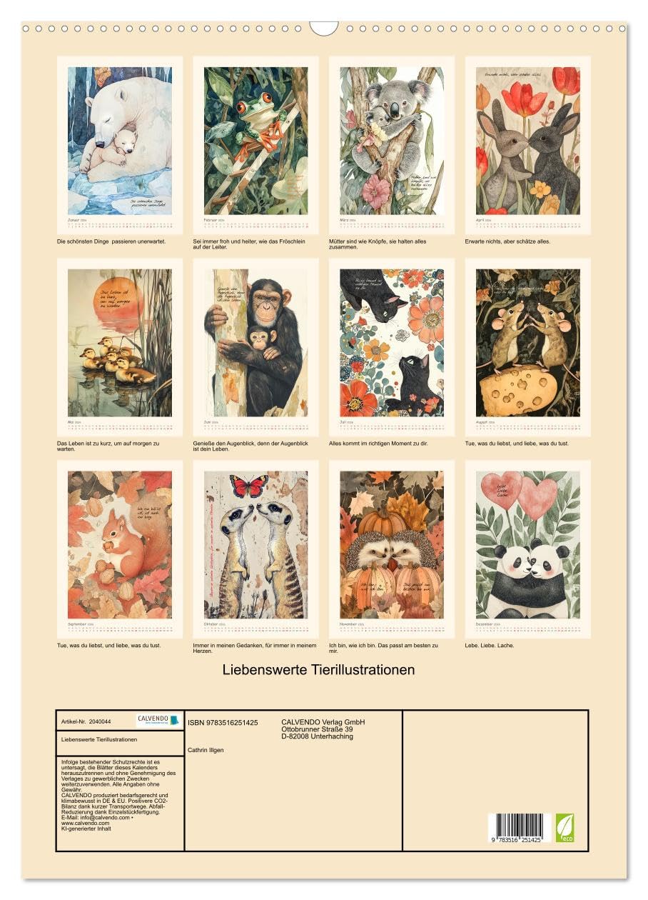 Liebenswerte Tierillustrationen (Wandkalender 2026 DIN A2 hoch), CALVENDO Monatskalender: Gezeichnete Tierdarstellungen und herzige Sprüche - KI generiert (CALVENDO Tiere)