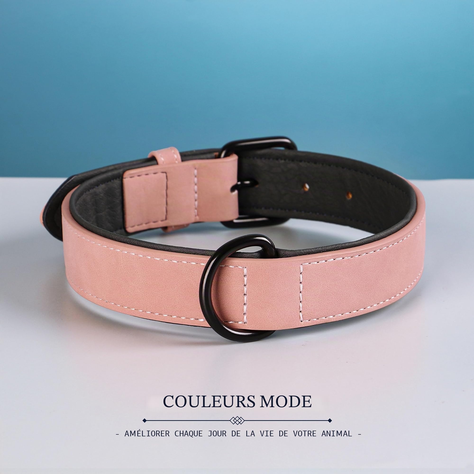 Didog Collier pour Chien en Cuir Rembourré Doux, Collier pour Chien en Cuir Respirant et Robuste avec Boucle Réglable en Métal Antirouille pour Petits Moyens Grands Chiens, Rose, L
