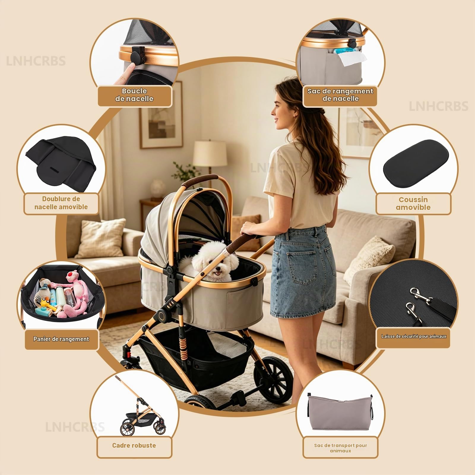 Lnhcbrs Poussette Pour Chien,Panier Amovible,Moustiquaire,Tissu Anti-Griffures,Châssis Aluminium (22kg,Pliage Simple,Double Frein,Idéale Comme Poussette Chien Tout Terrain Et Poussette Pour Chat,Kaki