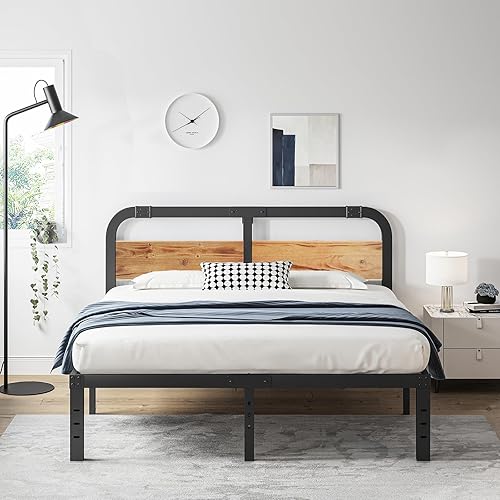 ZIYOO Full Size Metal Bed Frame with Solid Wooden Headboard, Country Style Bed Platform, 14 Inch High Heavy Duty Steel Slats Support, No Box Spring Needed, Easy Assembly