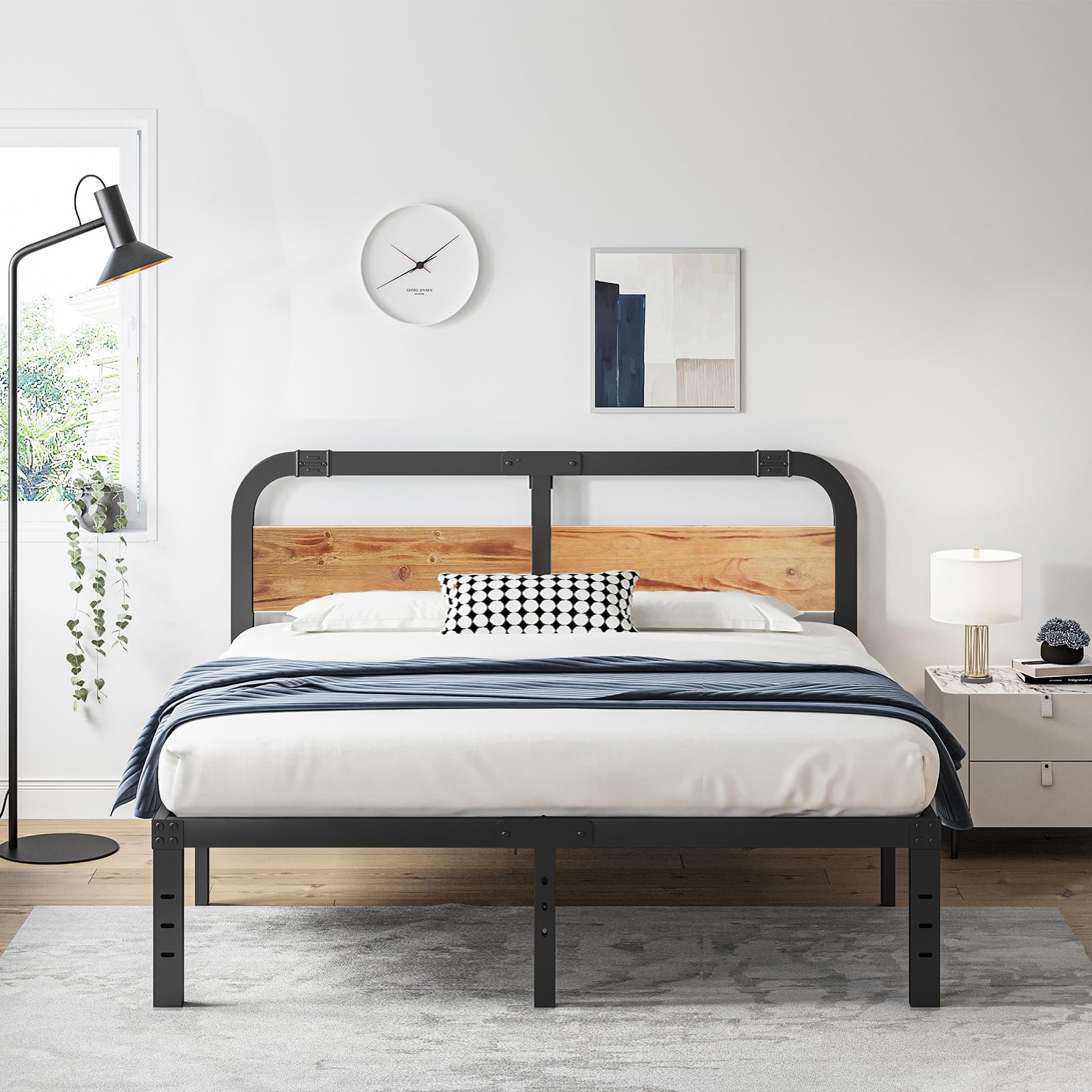 ZIYOO King Size Metal Bed Frame with Solid Wooden Headboard, Country Style Bed Platform, 14 Inch High Heavy Duty Steel Slats Support, No Box Spring Needed, Easy Assembly
