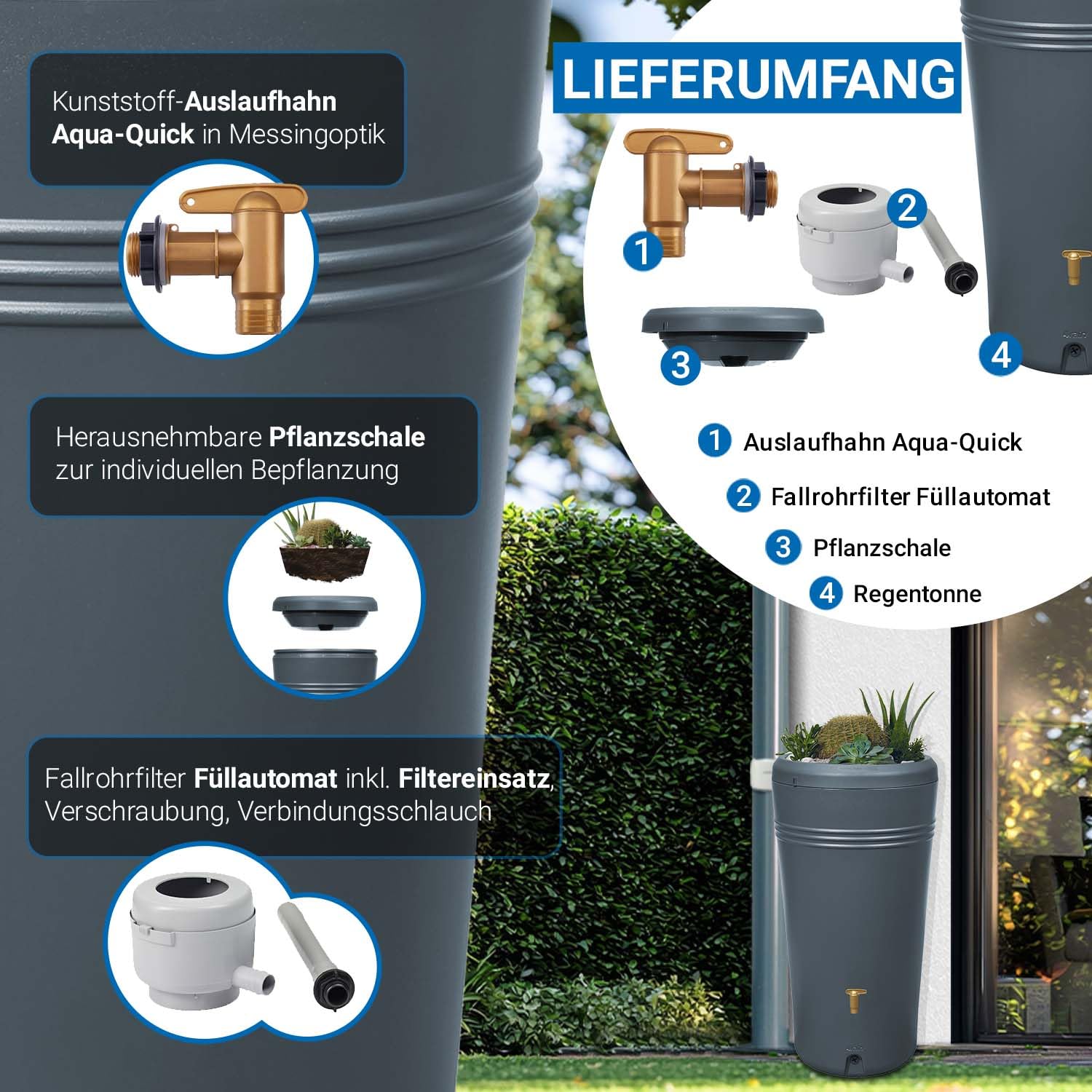 4rain Azura Regentonne Set 230 Liter Graphitgrau Wandtank Wassertank | mit Kunststoff-Hahn + Fallrohranschluss Regenfass Regenwassertonne Wassertonne für Garten Wasserfass Grau