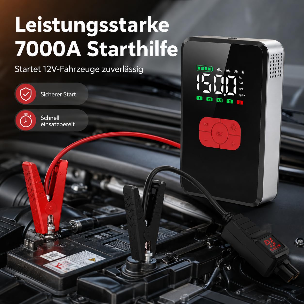 7000A Starthilfe 12V mit 26800 mAh Powerbank, 150 PSI Kompressor, LED-Notlicht SOS, 3,3" Display, Auto Motorrad Fahrrad Reifenpumpe, Pannenhilfe & Camping