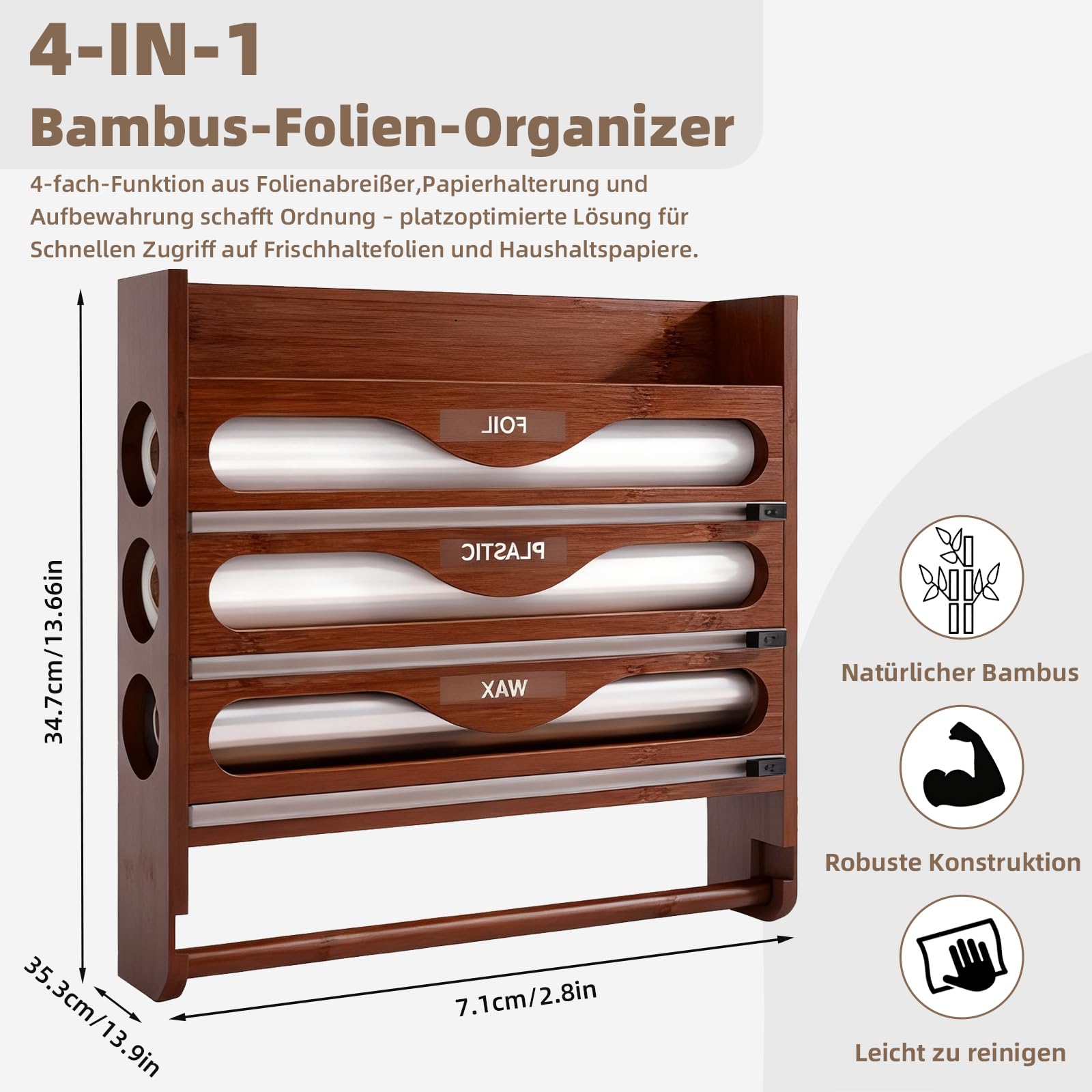 Dispenser per Pellicola Trasparente 4 in 1 con Portarotolo da Cucina,Organizer da Parete per Fogli di Alluminio,Pellicola di Plastica e Carta Oleata,Contenitore Multiuso con Rotolo-Braun
