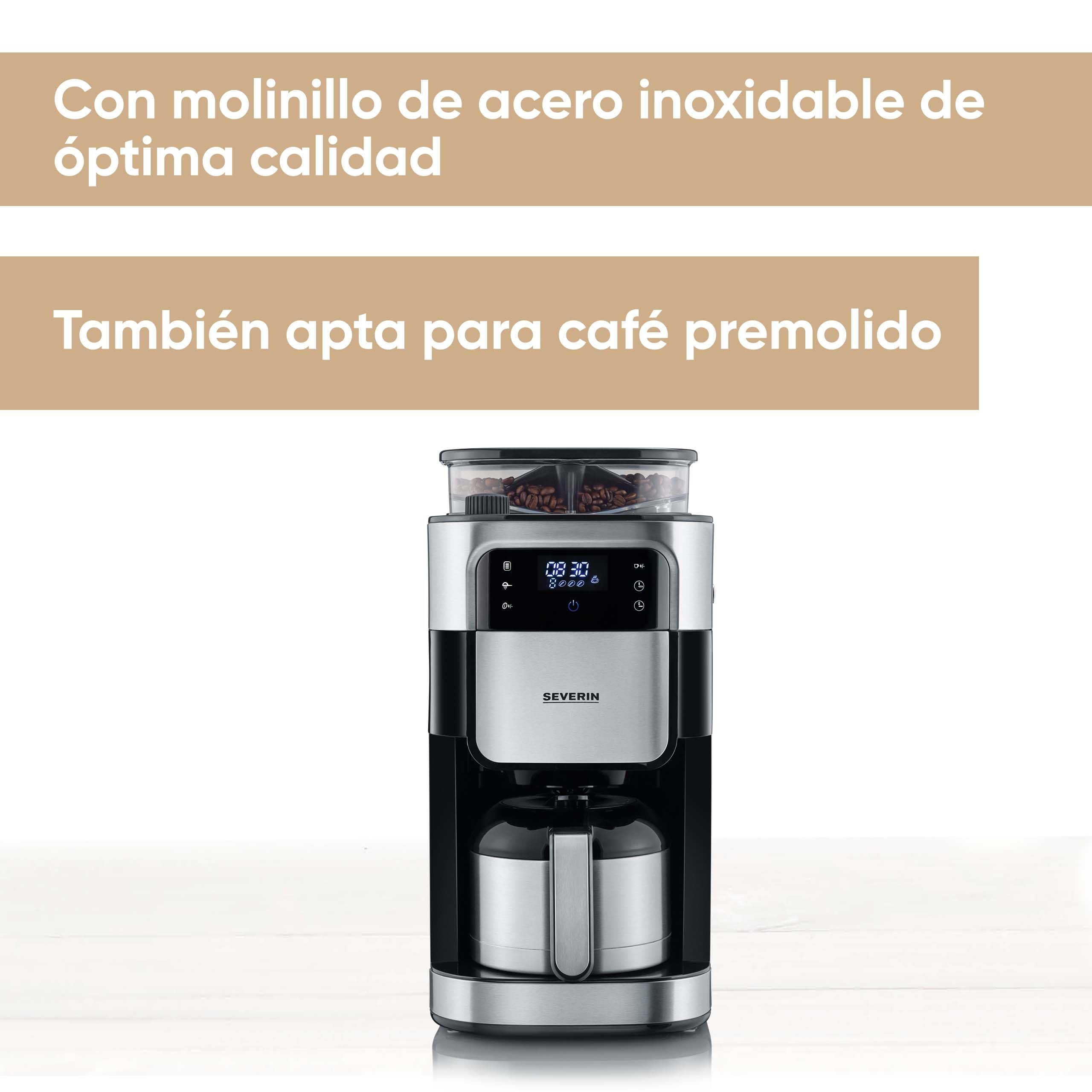SEVERIN - Cafetera de goteo con molinillo hasta 10 tazas, Cafetera de filtro / Cafetera americana con jarra de cristal de 1l, con pantalla LED con temporizador, Acero inoxidable / Negro, KA 4814