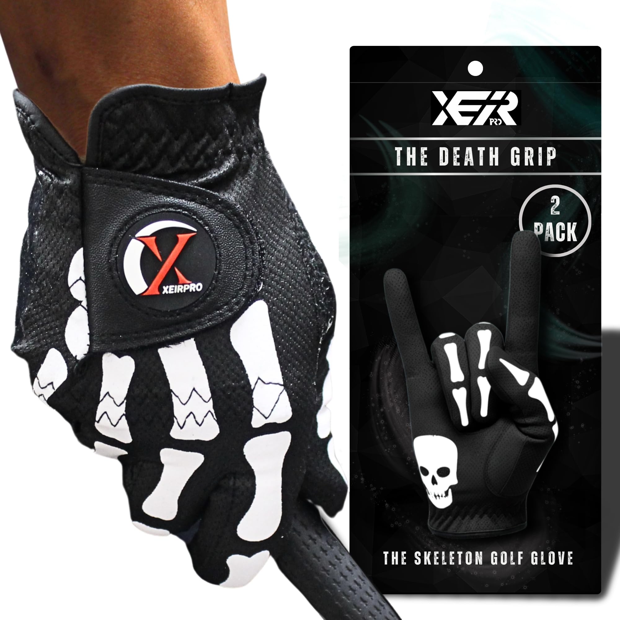 XEIRPRO Death Grip Skeleton Golf Gloves Men (2 Pack) | Engineered for Dominant Grip with All-Weather Performance Synthetic Leather | Skull & Skeleton