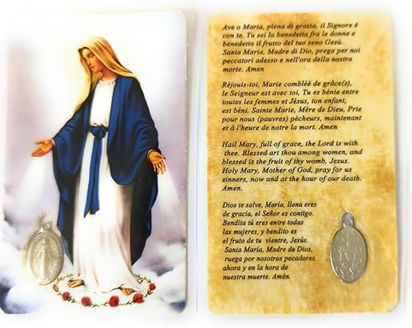OVUNQUE PROTEGGIMI Immagini Santino, Set di 5 Immaginette dei Santi con Preghiera Multilingua e Medaglia Madonna Miracolosa, Holy Card Plastificate