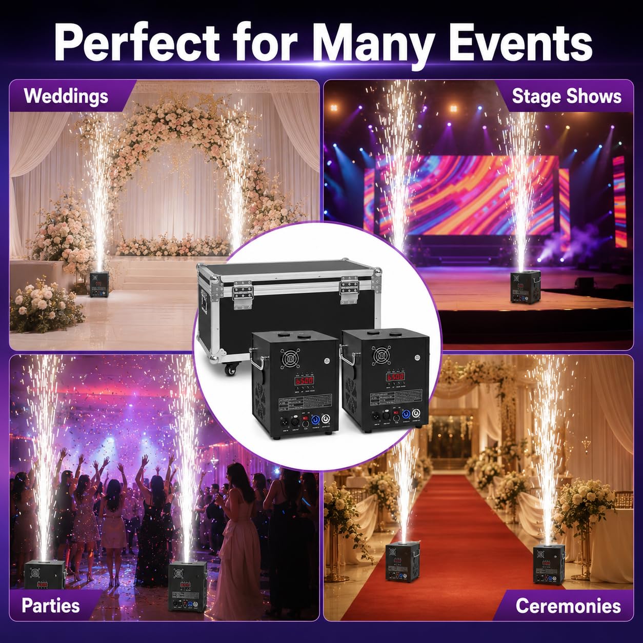 Pyrotechnikmaschine 2er Set mit Flightcase, 750W Kaltfeuerwerk Funkenmaschine DMX512 & Fernbedienung, Höhenverstellbare Bühnenmaschine für Hochzeit Party DJ Konzert, Schwarz