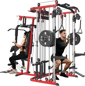 All in One Home Gym System Workout Station, Multi-Function Smithe Machine Power Cage with Cable Crossover System, Tripe-Sided Independent Load Posts, Functional Trainer for Full Body Training
