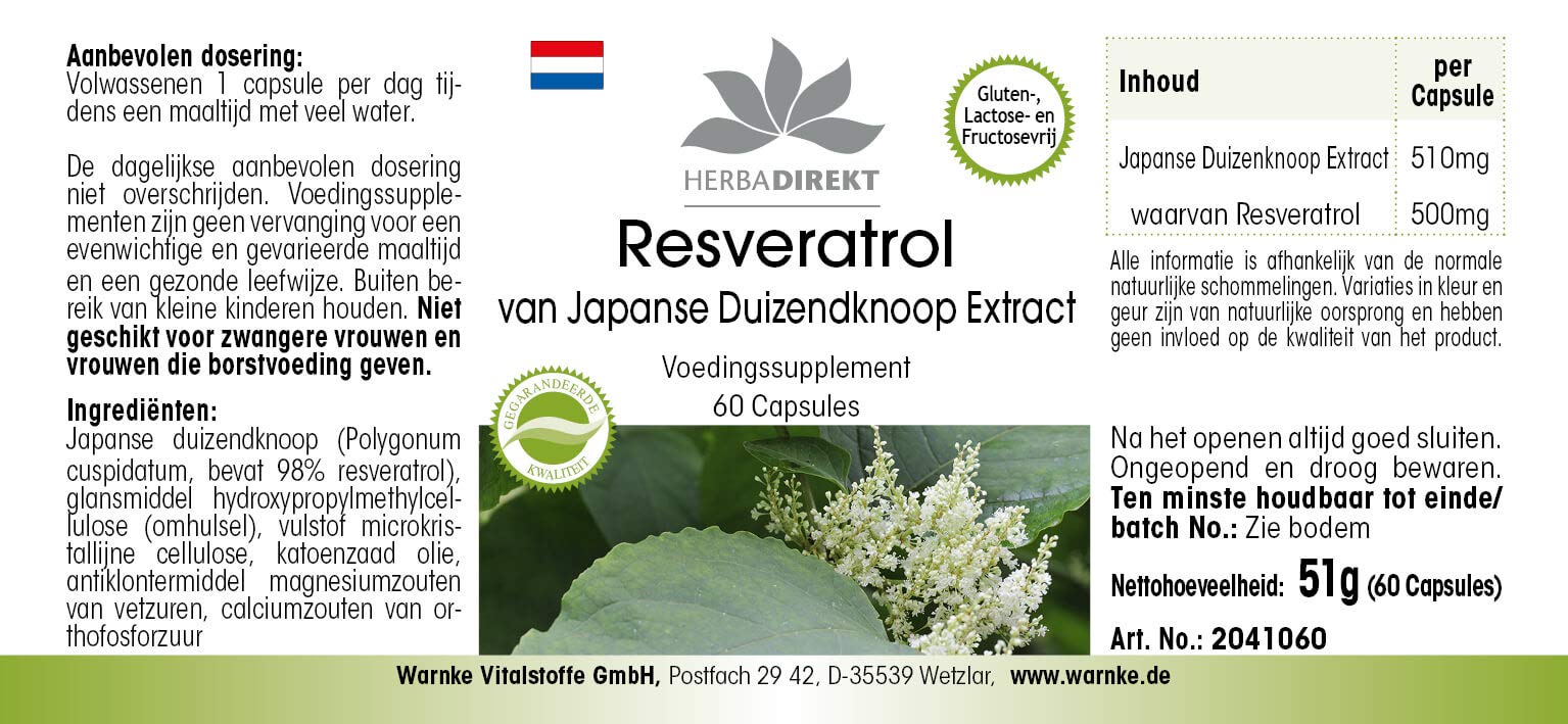 Resvératrol 500mg - extrait de la racine renouée du Japon - polygonum cuspidatum - Extrait - 60 capsules | Herba Direkt - Qualité des pharmacies allemandes