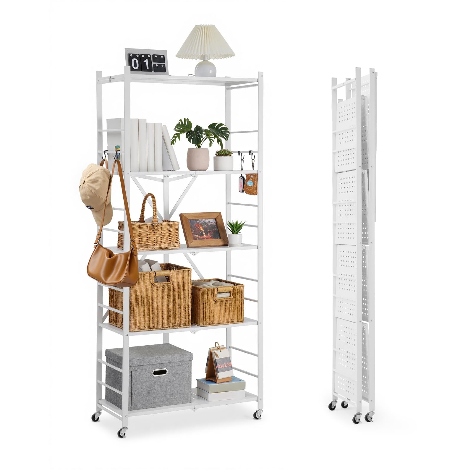 VEVOR 5-Tier Foldable Storage Shelf, 32W x 14D x 72H Inch Folding Metal Rack Shelving Unit, Heavy Duty No Assembly Organizer Shelf with 5 Wheels &amp; 4 Hooks for Pantry, Kitchen, Garage, Basement, White