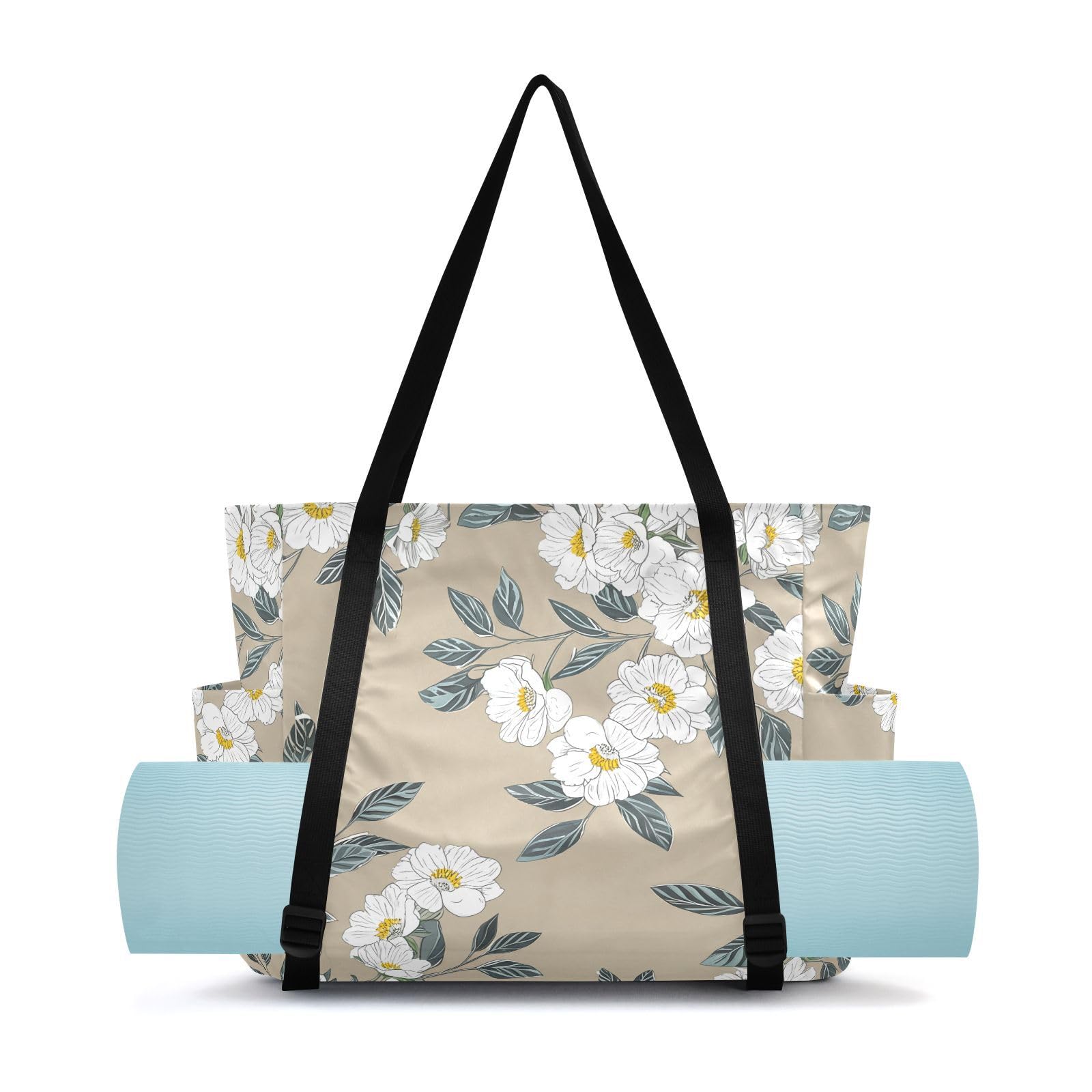 Lxqimora White Flowers Branches Brown Yoga Mat Bag for Women Water-Resistant Gym Bag with Yoga Mat Holder Tote Bag for Gym Travel Office Pilates