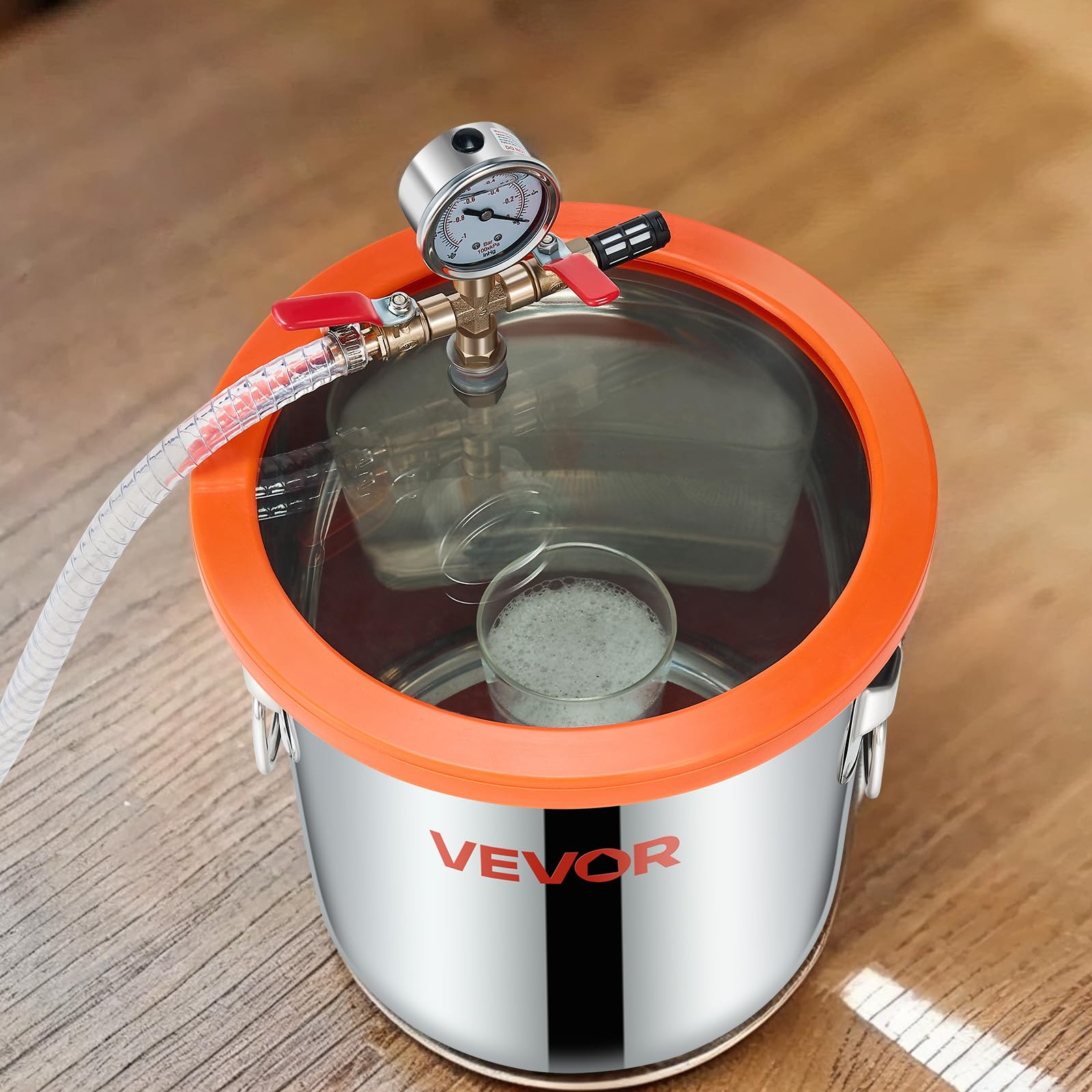 VEVOR 11,36 L Vakuumkammer mit Pumpe, 99 L/min, Edelstahl, Entgasungskammer-Kit, einstufig, Deckel aus gehärtetem Glas, 1,5 m Schlauch, zur Stabilisierung von Holzentgasungs-Silikonharz