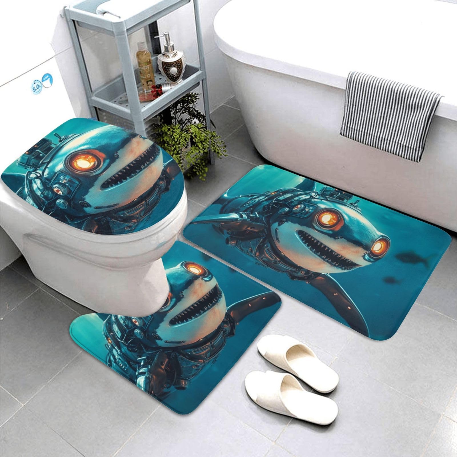 Badteppich-Set, mechanisch, Meeresboden, Hai, weich, saugfähig, Memory-Schaum, U-förmiger Kontur-WC-Teppich, Heimdekoration, schnell trocknend, 3-teilig