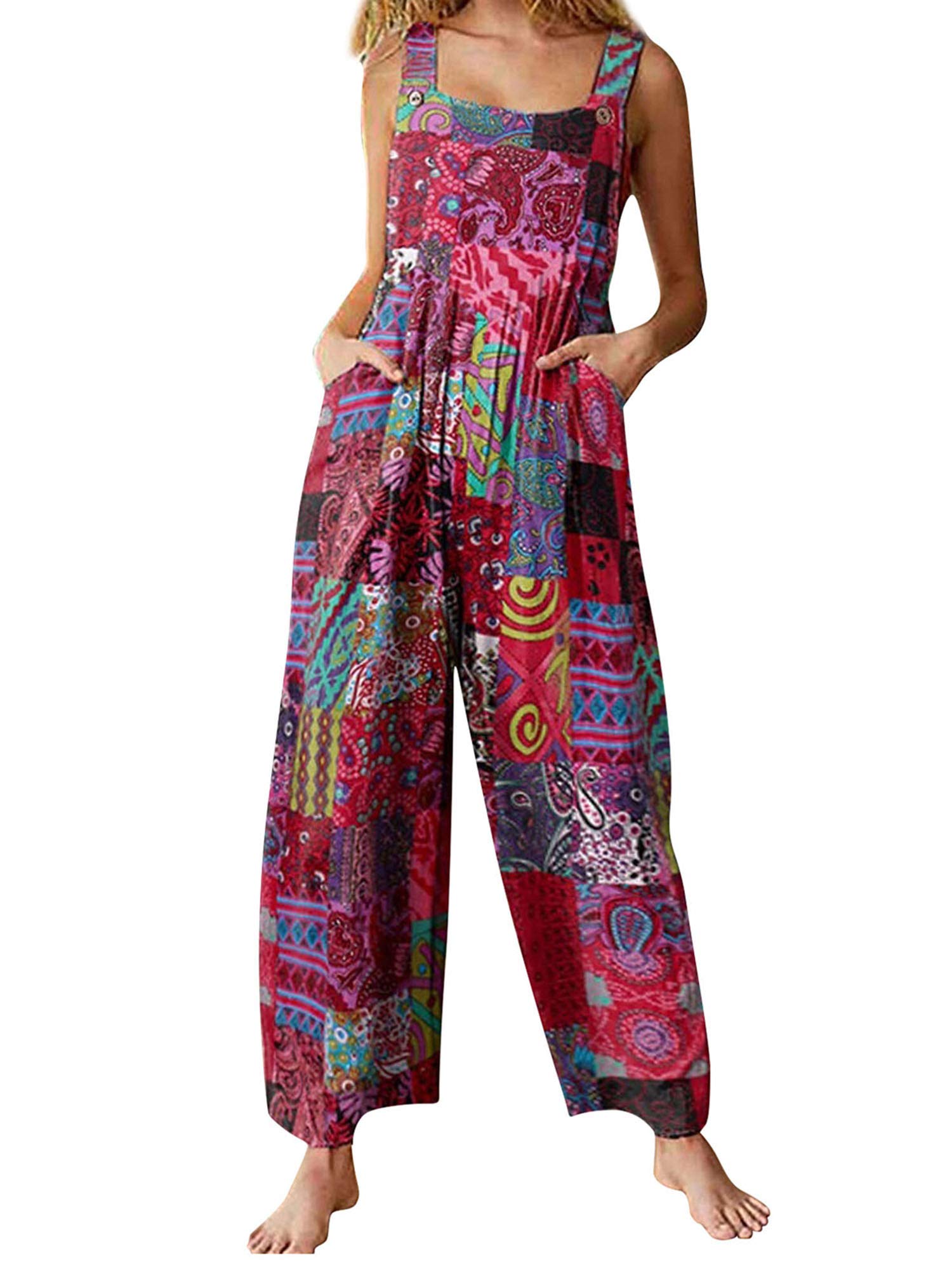Achlibe Summer Casual Womens Sleeveless Boho Floral Baggy Overall Long Jumpsuit Playsuit Trousers Pants Dungarees Rompers (Red, Large)