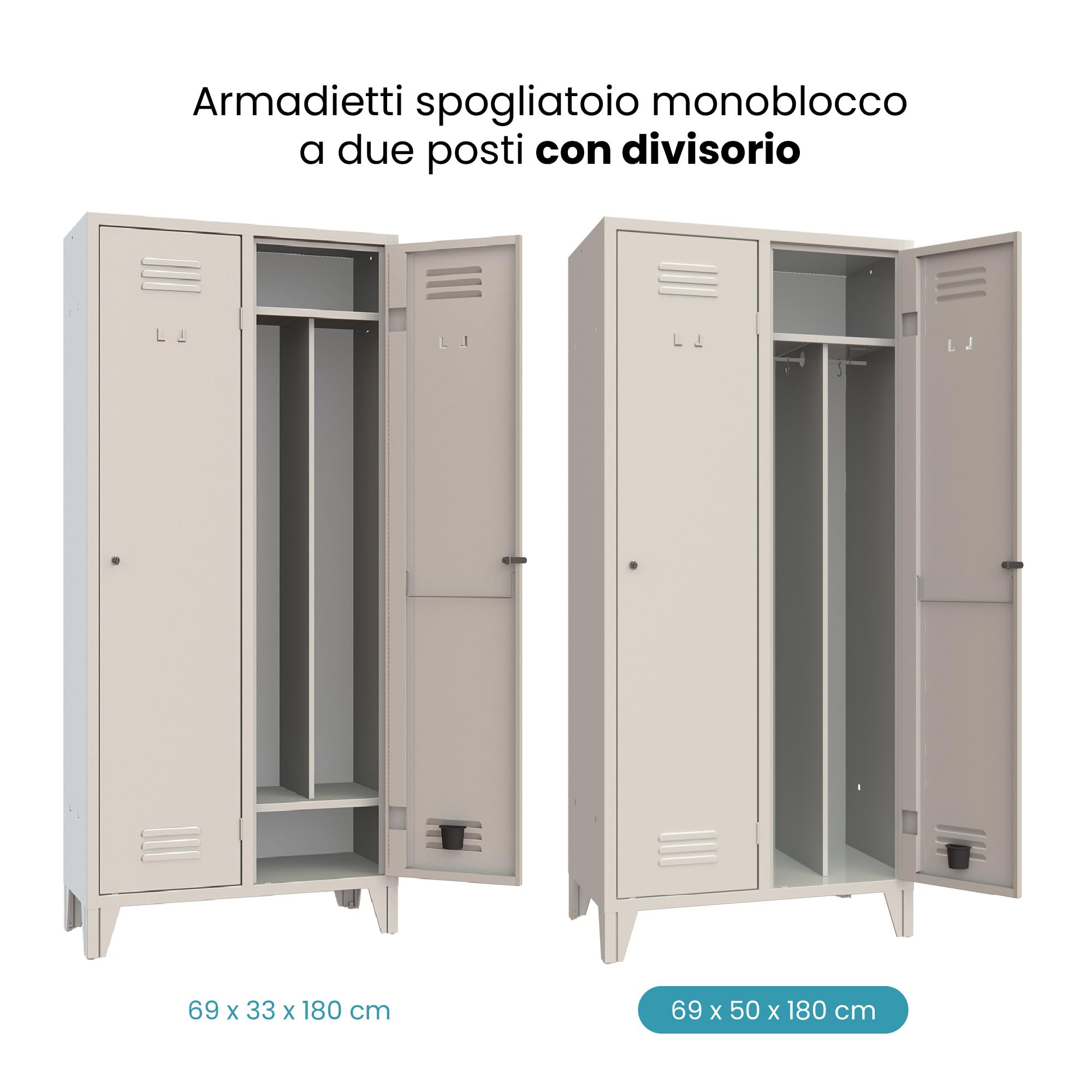 XLOCKERS Armadio Spogliatoio Monoblocco 2 Posti in Metallo - Armadio Robusto Made In Italy con Divisorio Sporco/Pulito - Grigio RAL 7035-69x50x180cm