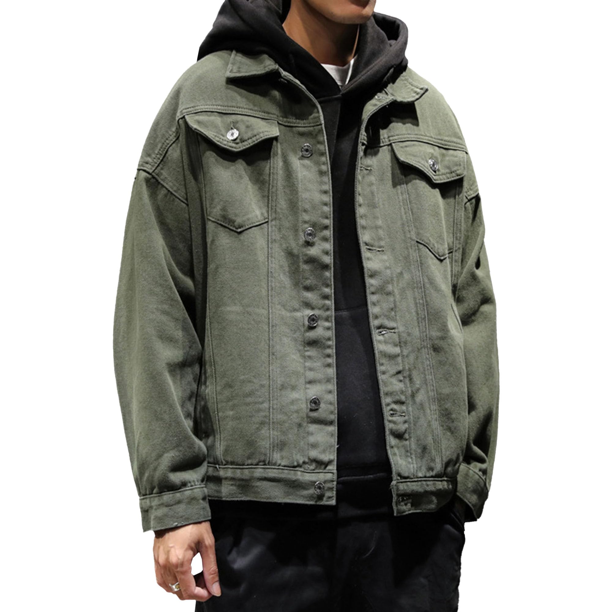 Veste en jean vert militaire style décontracté et coupe confortable - 8