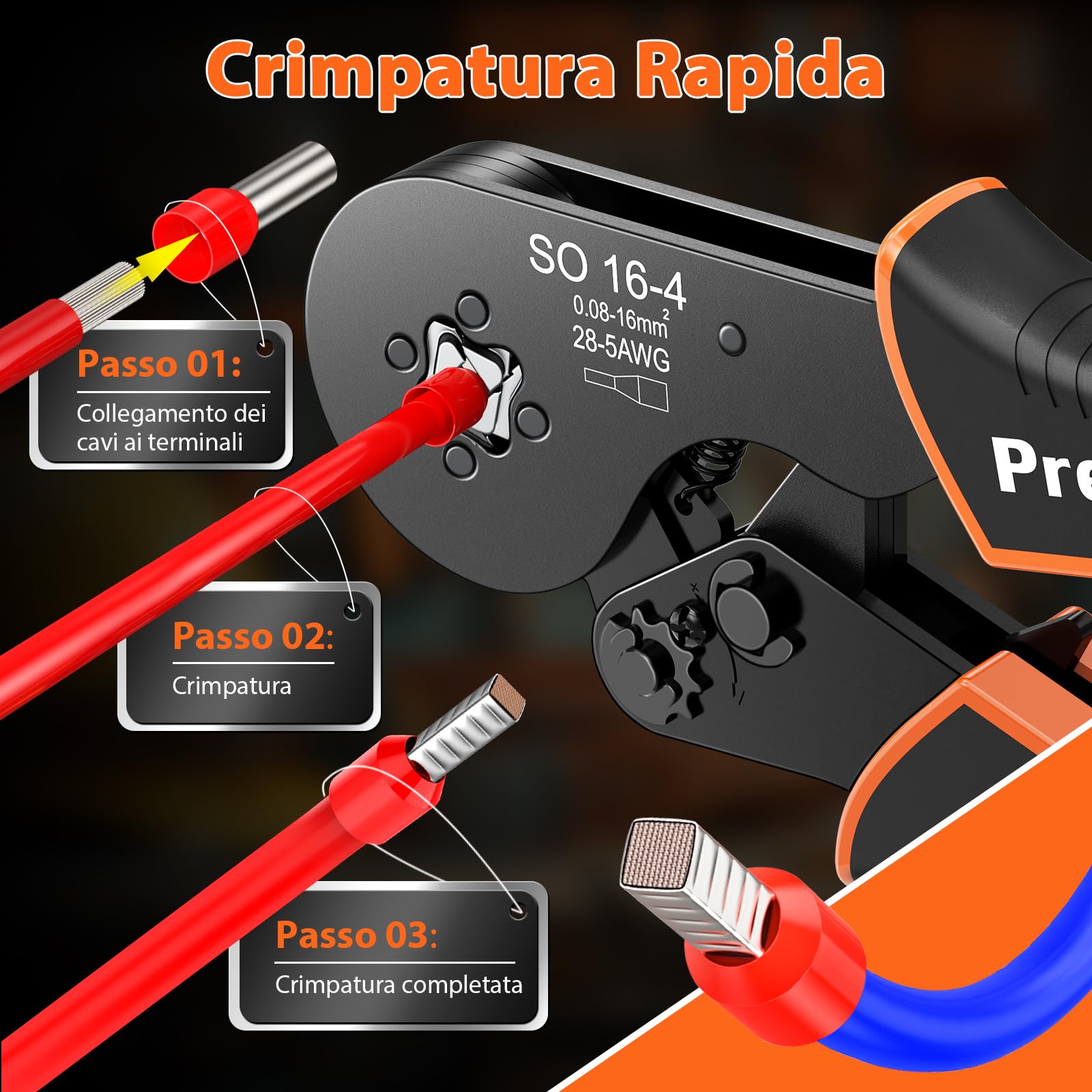 Preciva Set Pinza Crimpatrice con 1500 Puntalini Pinza Crimpatrice a Cricchetto 0,08–16mm² AWG28–5, Crimpa Puntalini/Capicorda Isolati e Non Isolati, Pinza a Crimpare Quattro