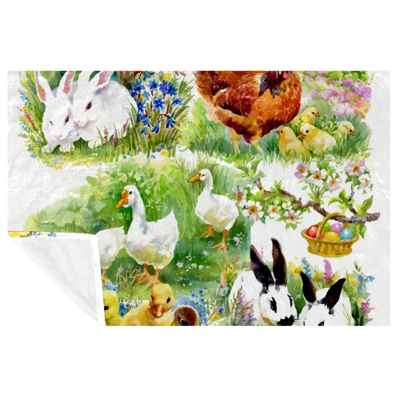 Couverture douce motif canetons et lièvres 150x100 cm, cadeau idéal lit