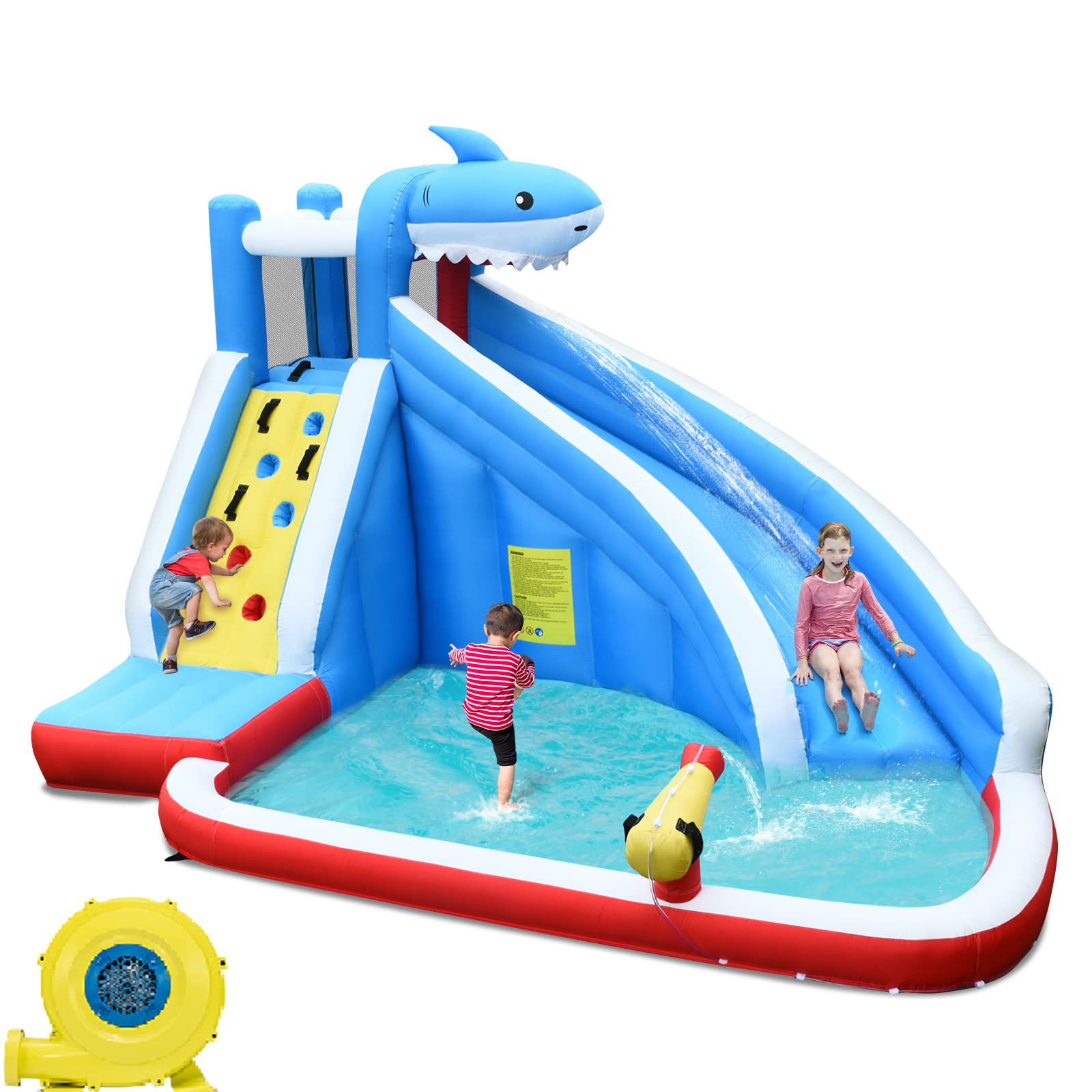 OLAKIDS Inflatable Water Slide, Shark Theme Bounce House with Slide, Splash Pool, Climbing Wall, Water Gun, Outdoor Jumping Castle with Hose, Carry Bag, Blower