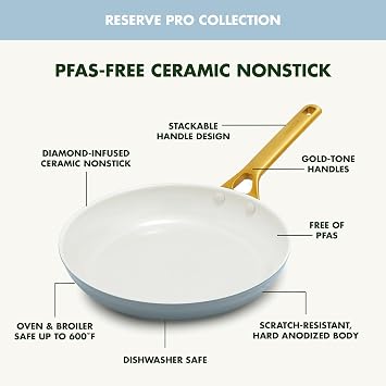 GreenPan Nonstick Reserve Pro 8, 10 & 12 Frying Pan Set, NSF Certified Ceramic, Hard Anodized PFAS-Free Skillets, Stainless Steel Handles, Oven & Dishwasher Safe, Glacier Blue