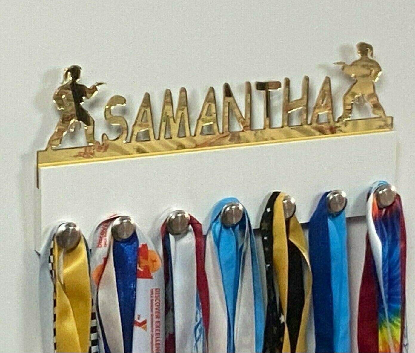MIRROR MANIA Custom Personalized Medal Holder Girl Female Karate Martial Arts Display Awards Belt Hanger Rack with Hooks 60+ Medals Ribbons Sports 16'' Wide Made to Order with Your Name On It