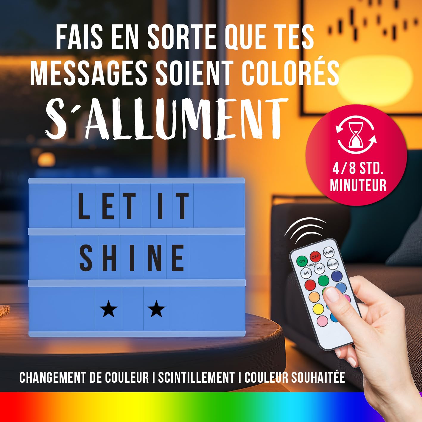 EASYmaxx boîte lumineuse DEL | fonction minuterie | 173 lettres et symboles interchangeables inclus | Modes de changement de couleur différents | Aux piles ou à câble USB [A4]