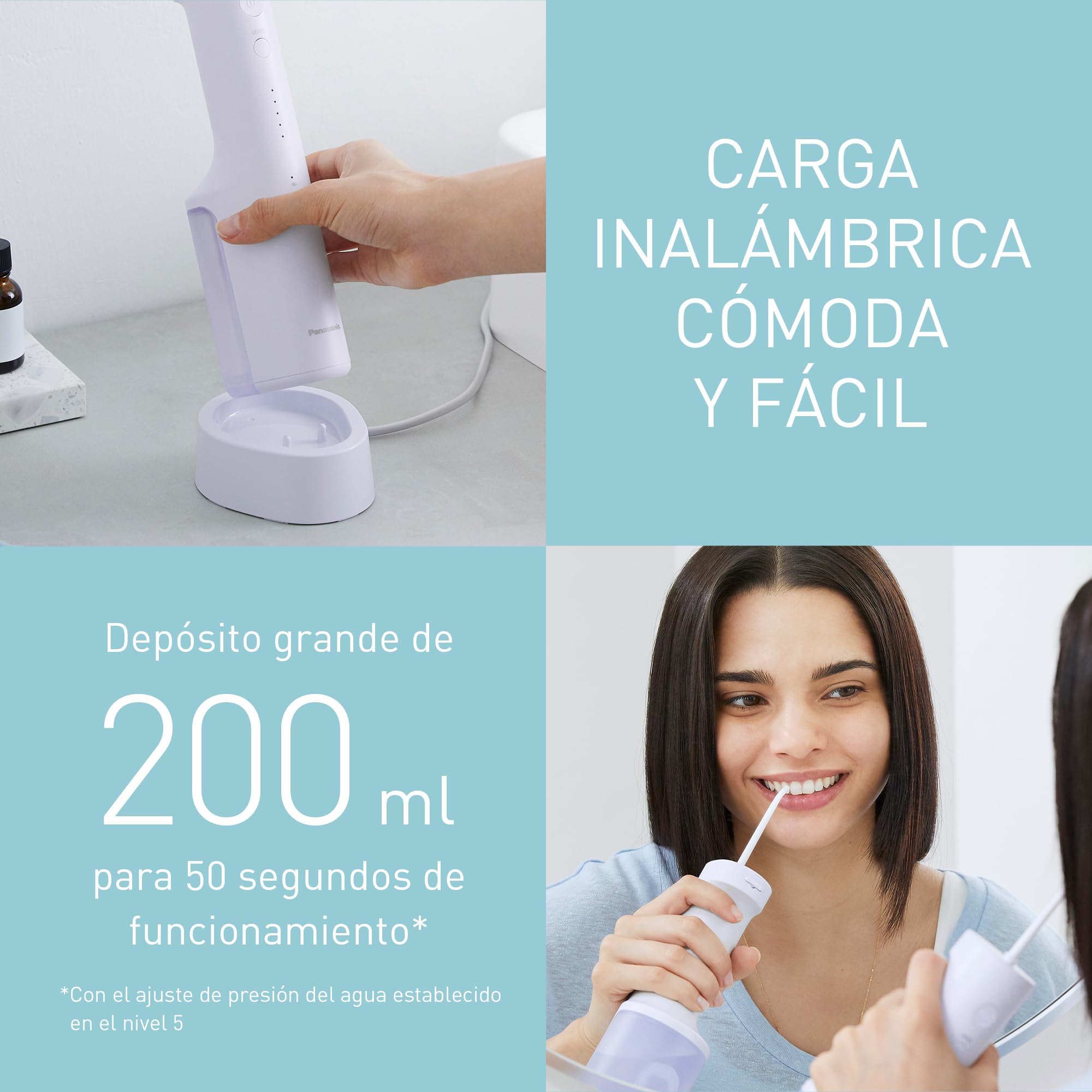 Panasonic Serie 300 Irrigador bucal EW-DJ26-V303, Irrigador Bucal para Dientes, 200 ml, IPX7, 2 Boquillas Regulares, 5 Configuraciones De Presión, Accesorio De Viaje, Morado
