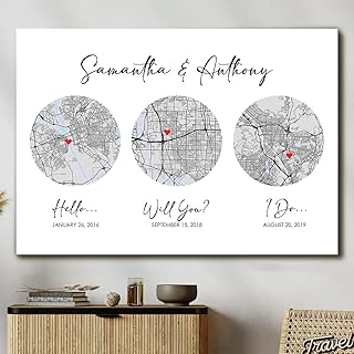 Personalized Hello, Will You, I Do Three Map Canvas, Where It All Began Map, First Date, The Night We Met, Couple Gifts for Anniversary, Valentines Day Gift for Girlfriend Boyfriend, Christmas Gift