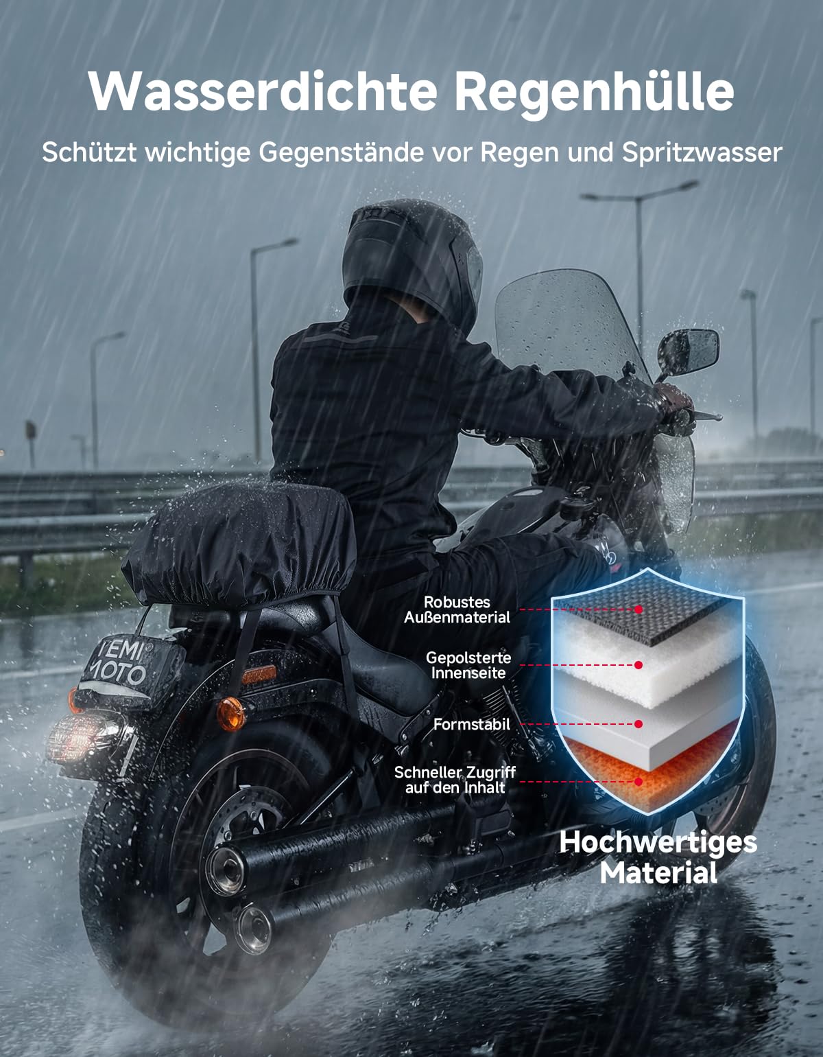 KEMIMOTO 13L Motorrad Hecktasche Wasserdicht, Multifunktional Motorradtasche, 3-in-1 Gepäckträgertasche mit Regenhülle, Eva Hecktasche Hinterradtasche für Radfahren