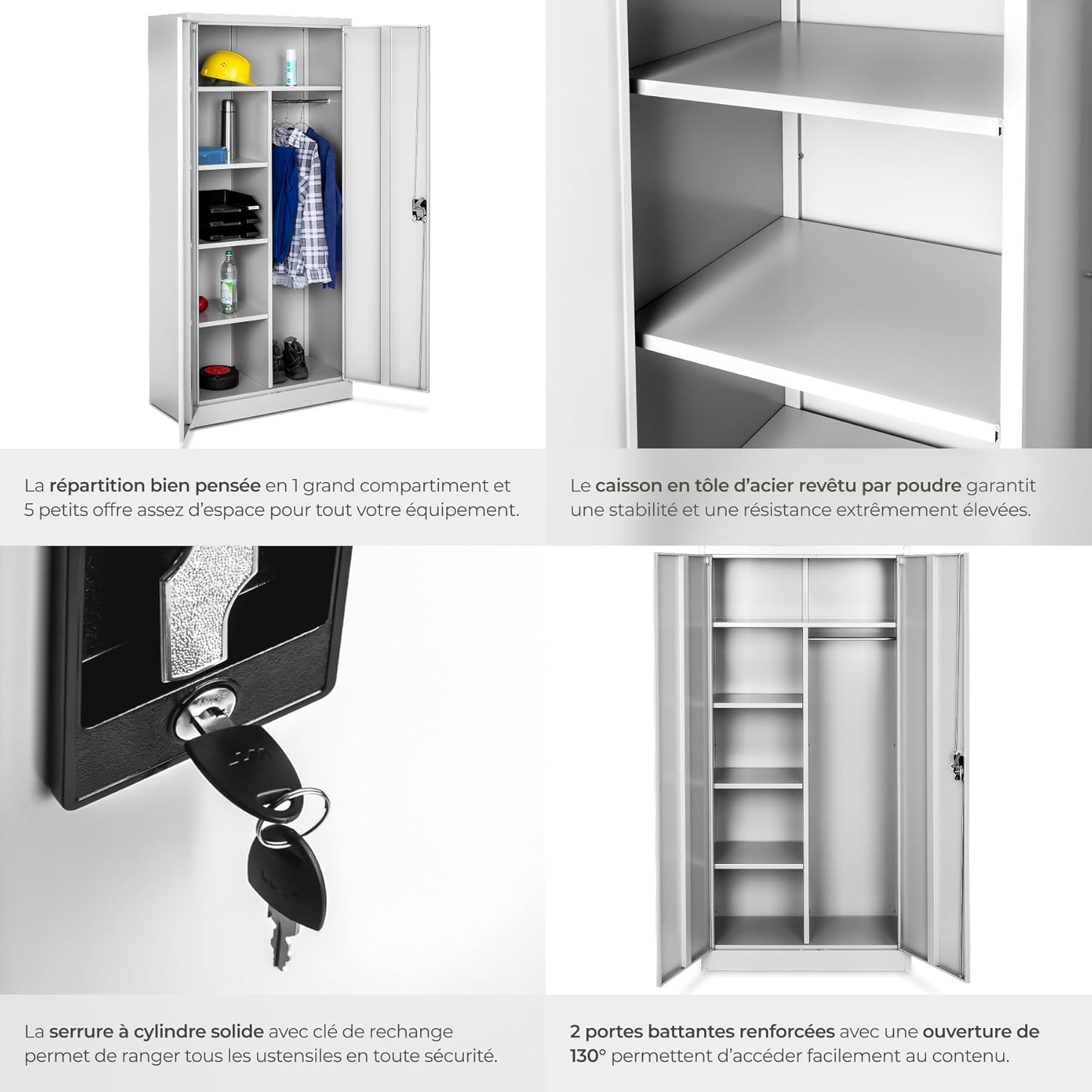 Close-up views of the cabinet's interior, lock mechanism, and door opening angle.